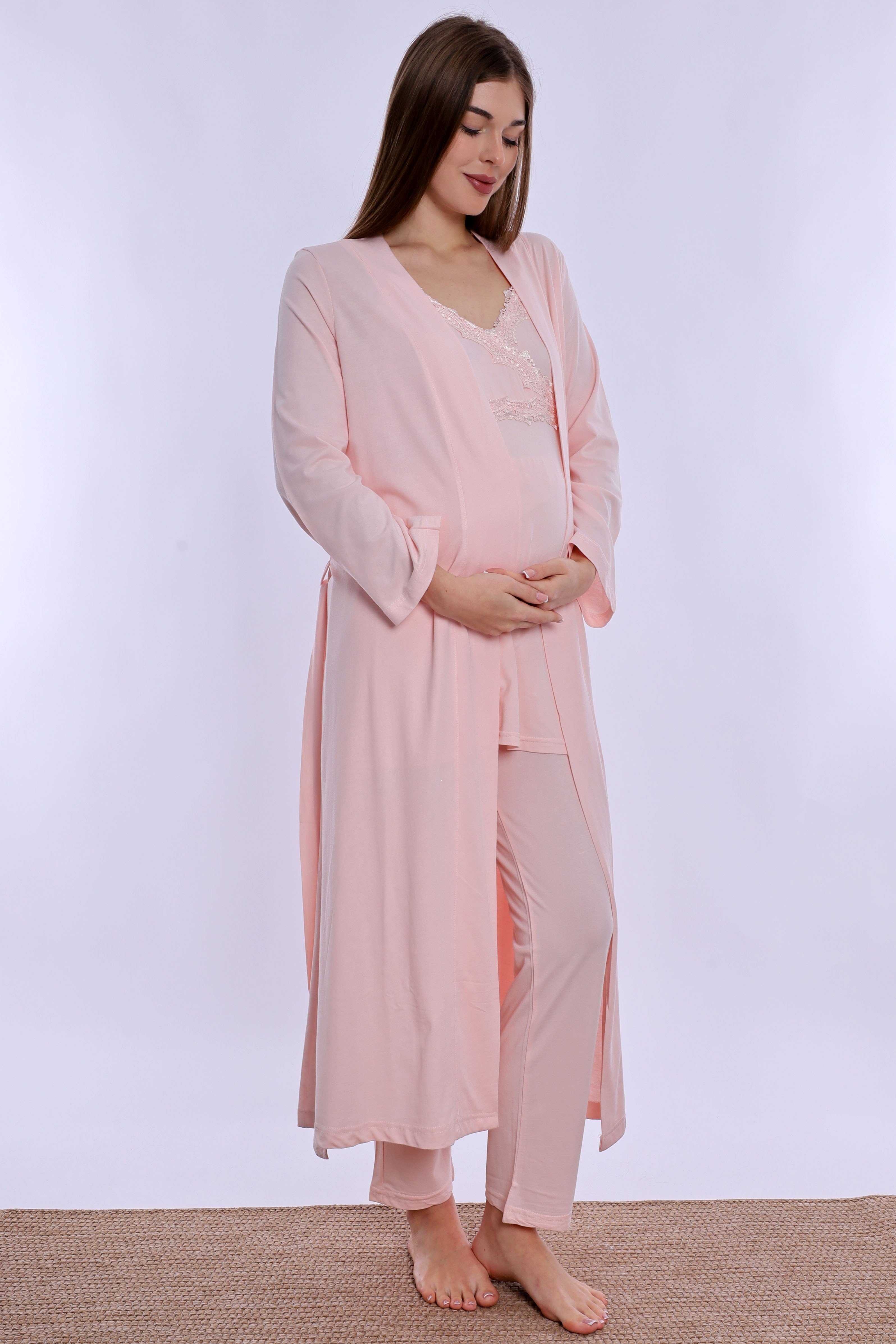 290382 Pamuklu Sabahlıklı Hamile Lohusa Emzirme Pijama Takımı Ayarlanabilir Bel Lastikli  - Pudra
