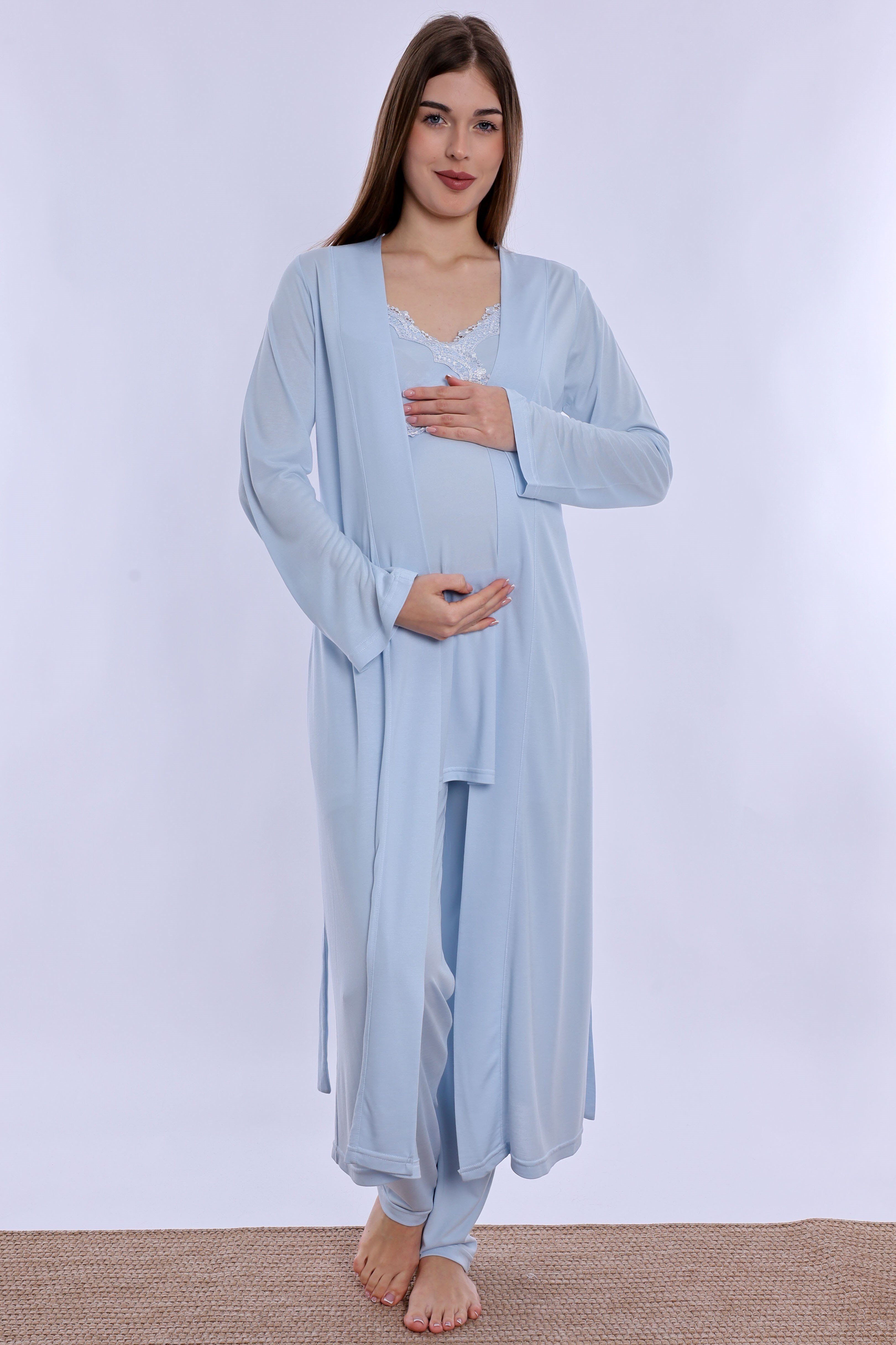 290382 Pamuklu Sabahlıklı Hamile Lohusa Emzirme Pijama Takımı Ayarlanabilir Bel Lastikli  - Mavi