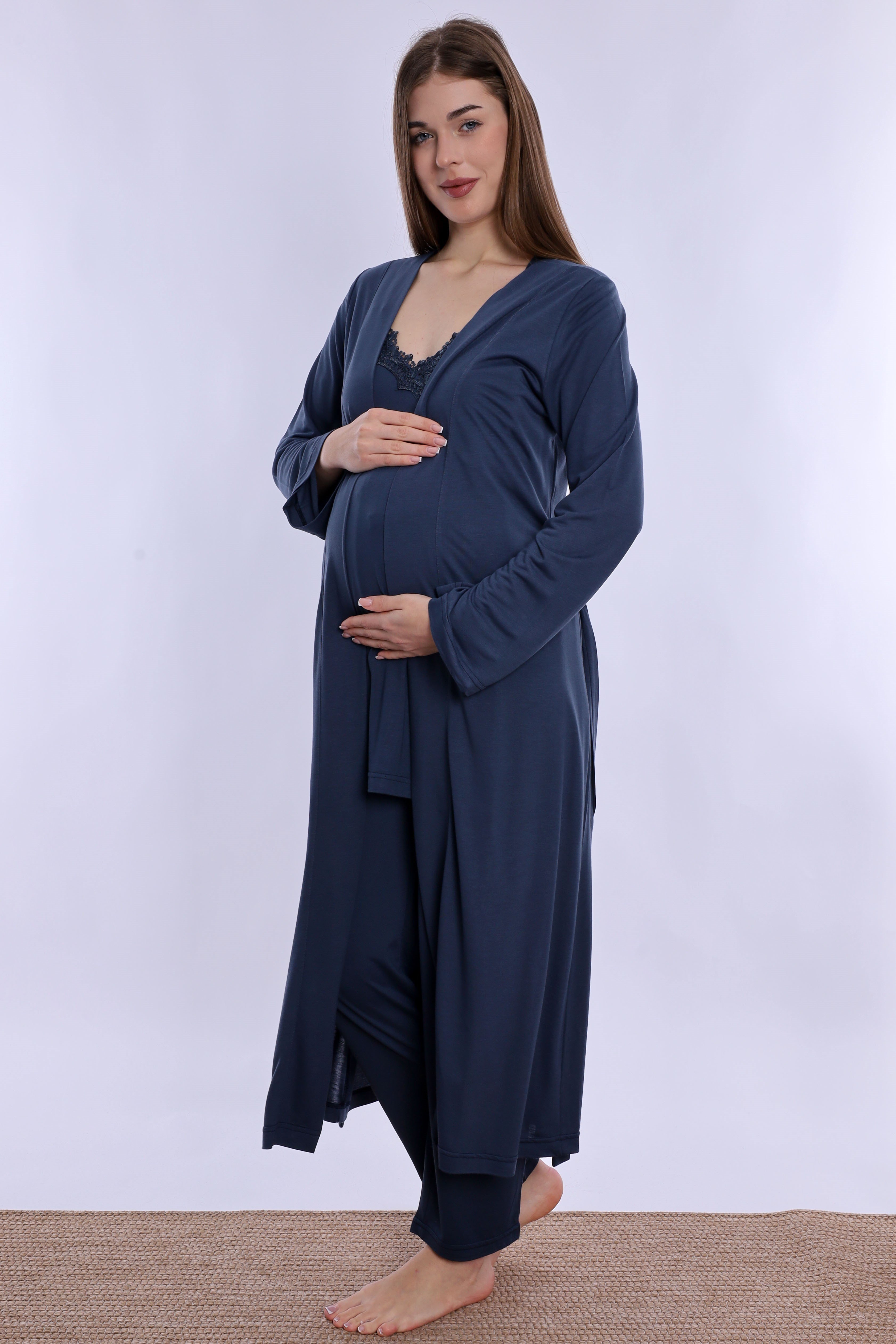 290382 Pamuklu Sabahlıklı Hamile Lohusa Emzirme Pijama Takımı Ayarlanabilir Bel Lastikli  - Lacivert