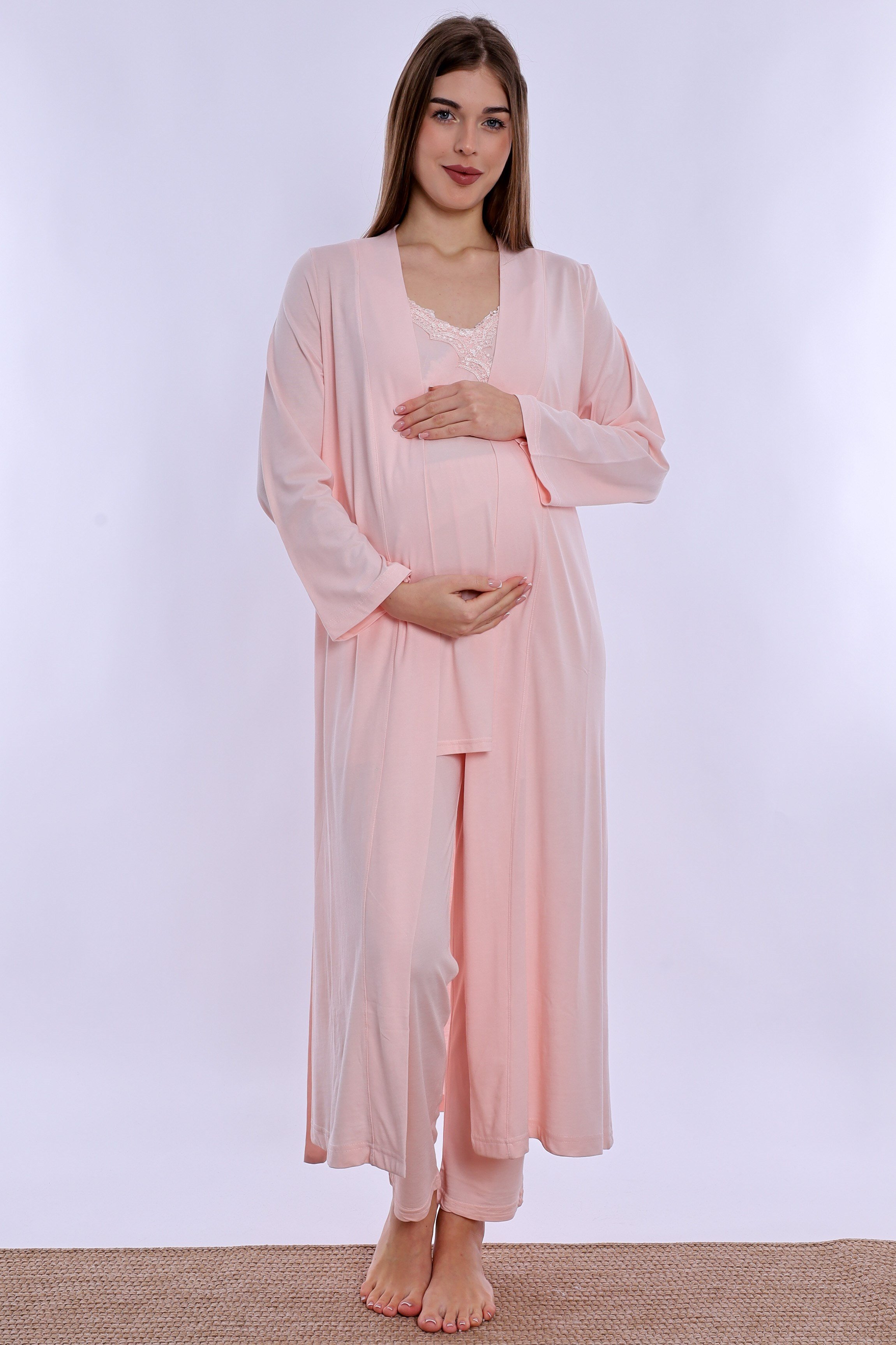 290382 Pamuklu Sabahlıklı Hamile Lohusa Emzirme Pijama Takımı Ayarlanabilir Bel Lastikli  - Pudra