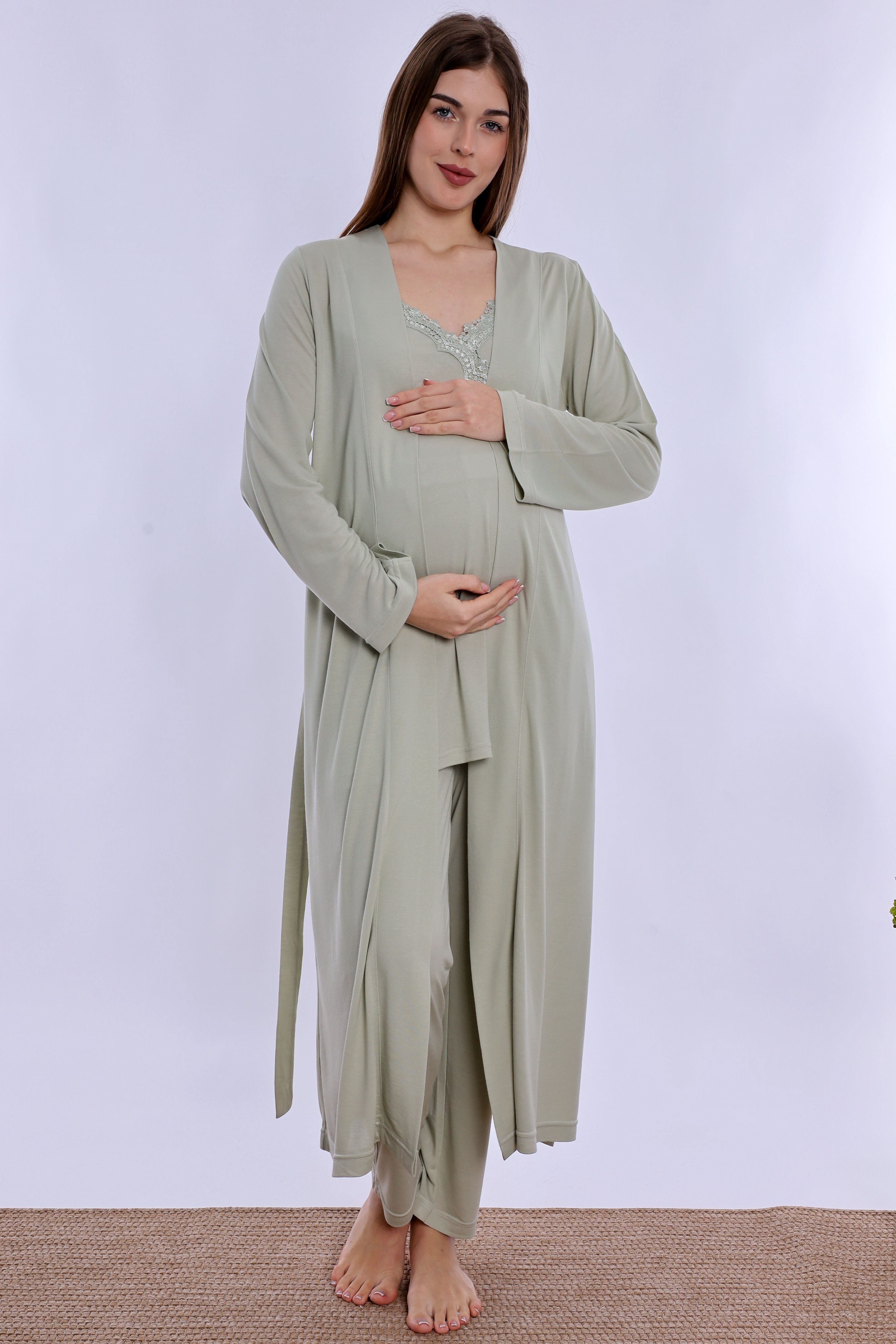 290382 Pamuklu Sabahlıklı Hamile Lohusa Emzirme Pijama Takımı Ayarlanabilir Bel Lastikli  - Yeşil