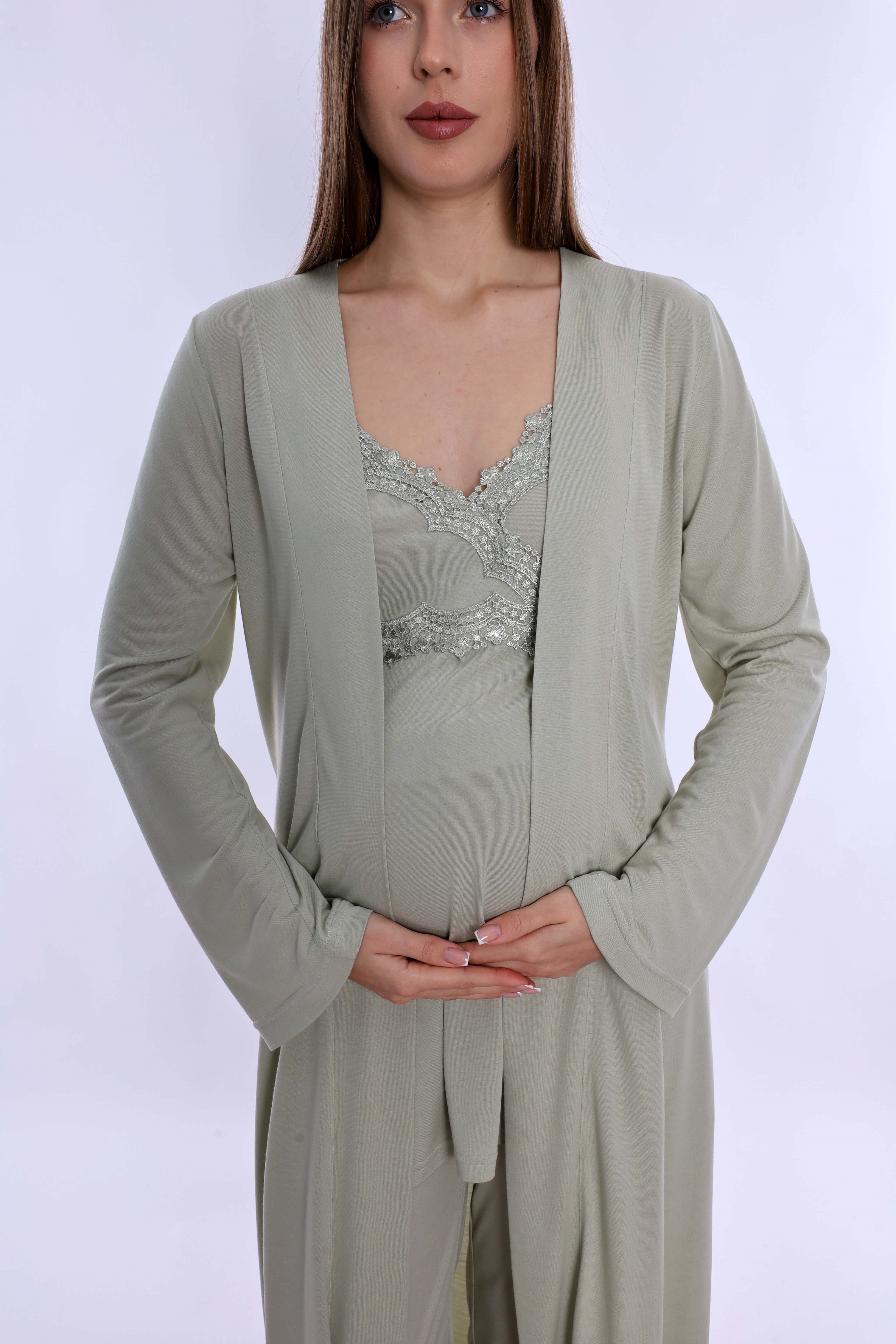 290382 Pamuklu Sabahlıklı Hamile Lohusa Emzirme Pijama Takımı Ayarlanabilir Bel Lastikli  - Yeşil