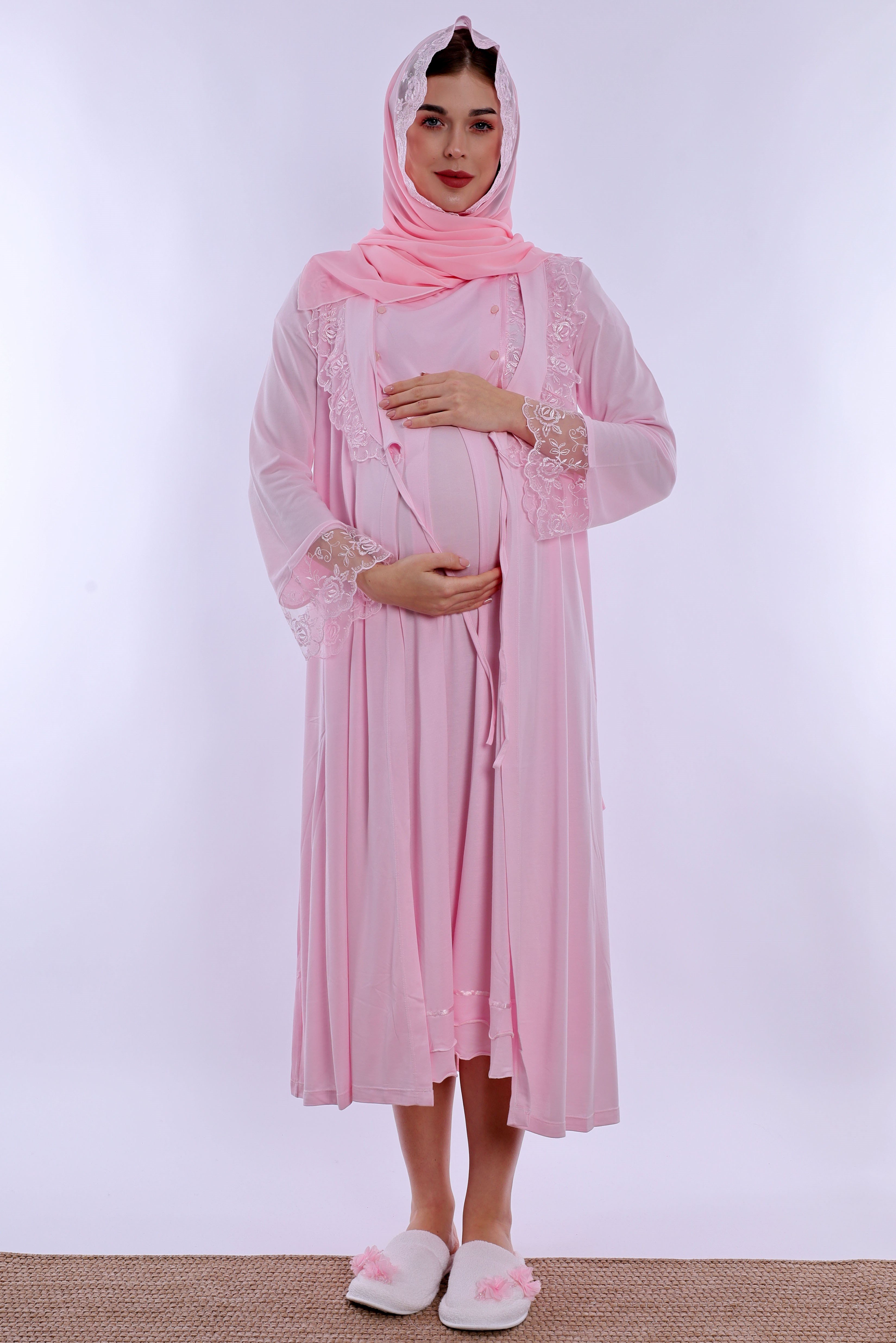 2T20502 Tesettürlü Hamilelik ve Lohusalık Dönemi Pamuklu Set 5 Parça  - Pembe