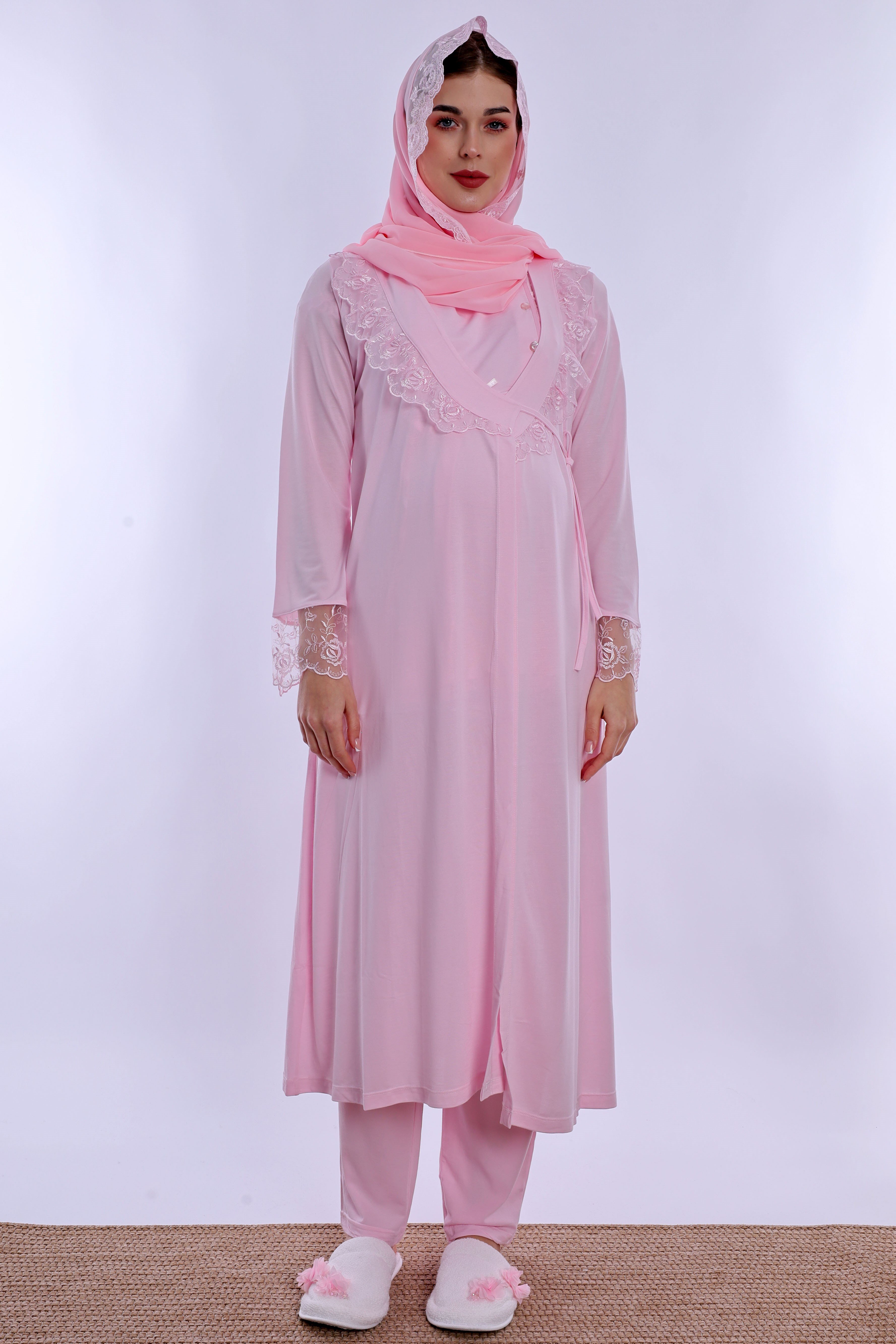 2T20542 Tesettürlü Ayarlanabilir Bel Lastikli Sabahlıklı Hamile Lohusa Pijama Takımı  - Pembe