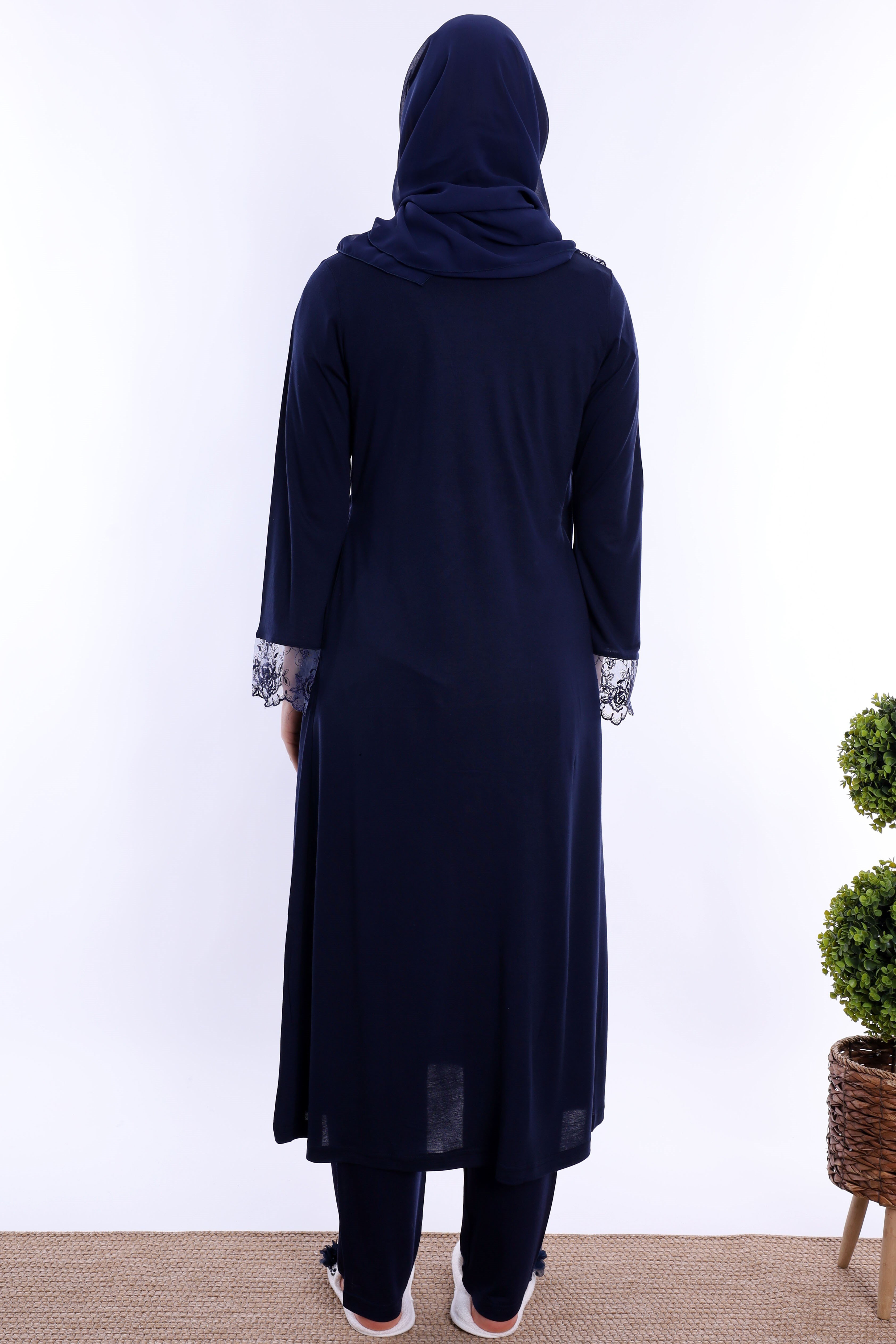 2T20542 Tesettürlü Ayarlanabilir Bel Lastikli Sabahlıklı Hamile Lohusa Pijama Takımı  - Lacivert