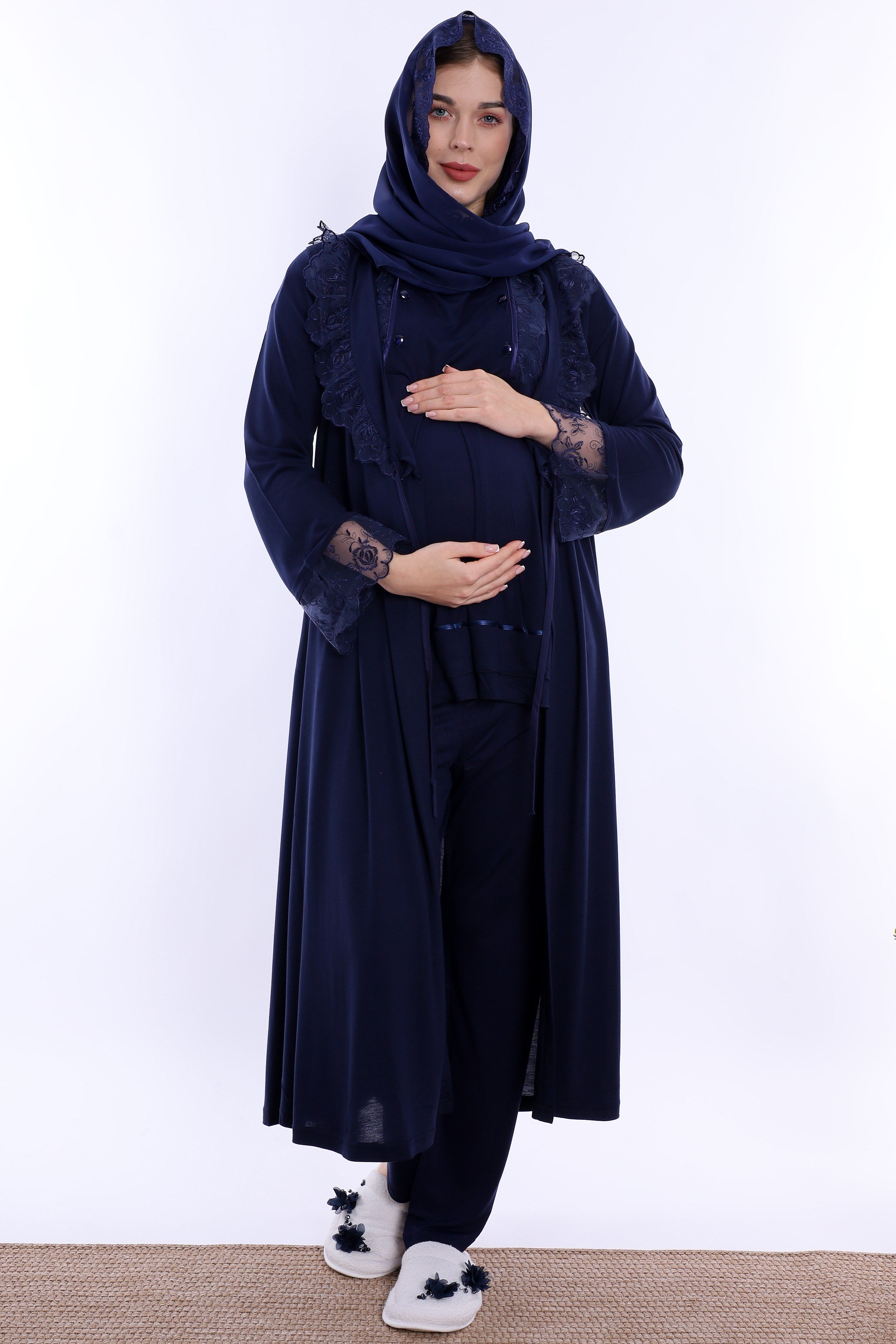 2T20542 Tesettürlü Ayarlanabilir Bel Lastikli Sabahlıklı Hamile Lohusa Pijama Takımı  - Lacivert
