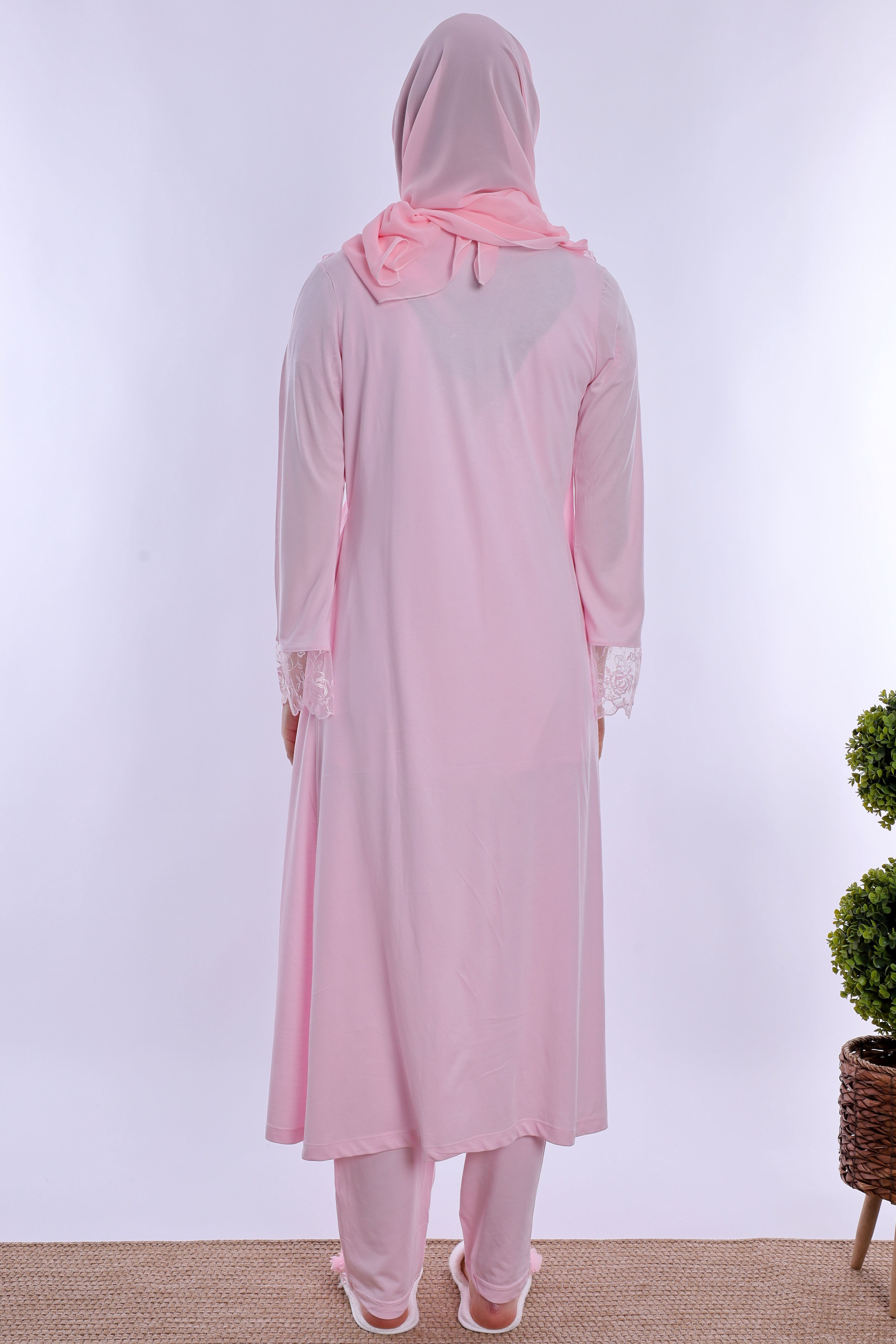2T20542 Tesettürlü Ayarlanabilir Bel Lastikli Sabahlıklı Hamile Lohusa Pijama Takımı  - Pembe