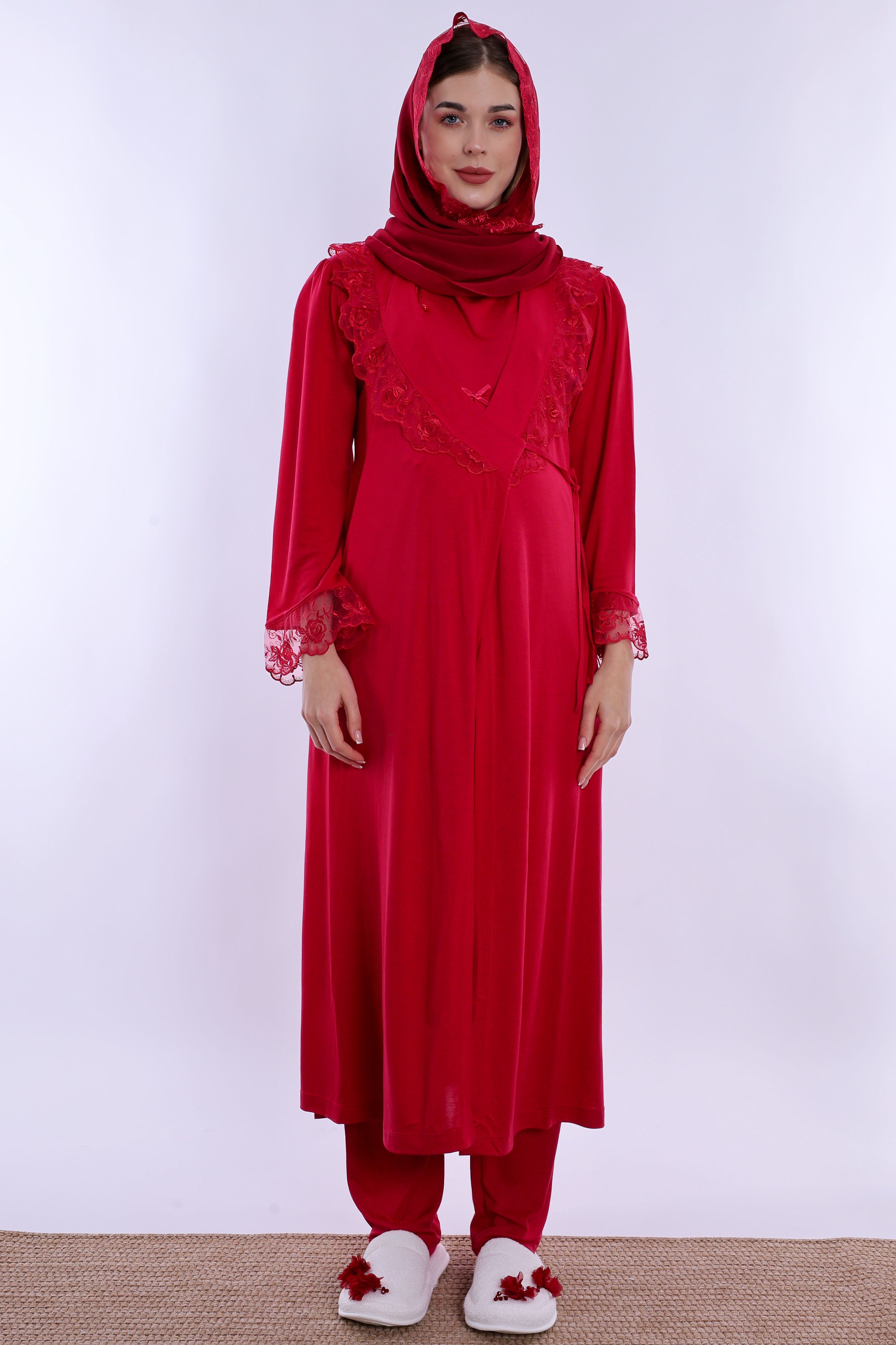 2T20542 Tesettürlü Ayarlanabilir Bel Lastikli Sabahlıklı Hamile Lohusa Pijama Takımı  - Vişne