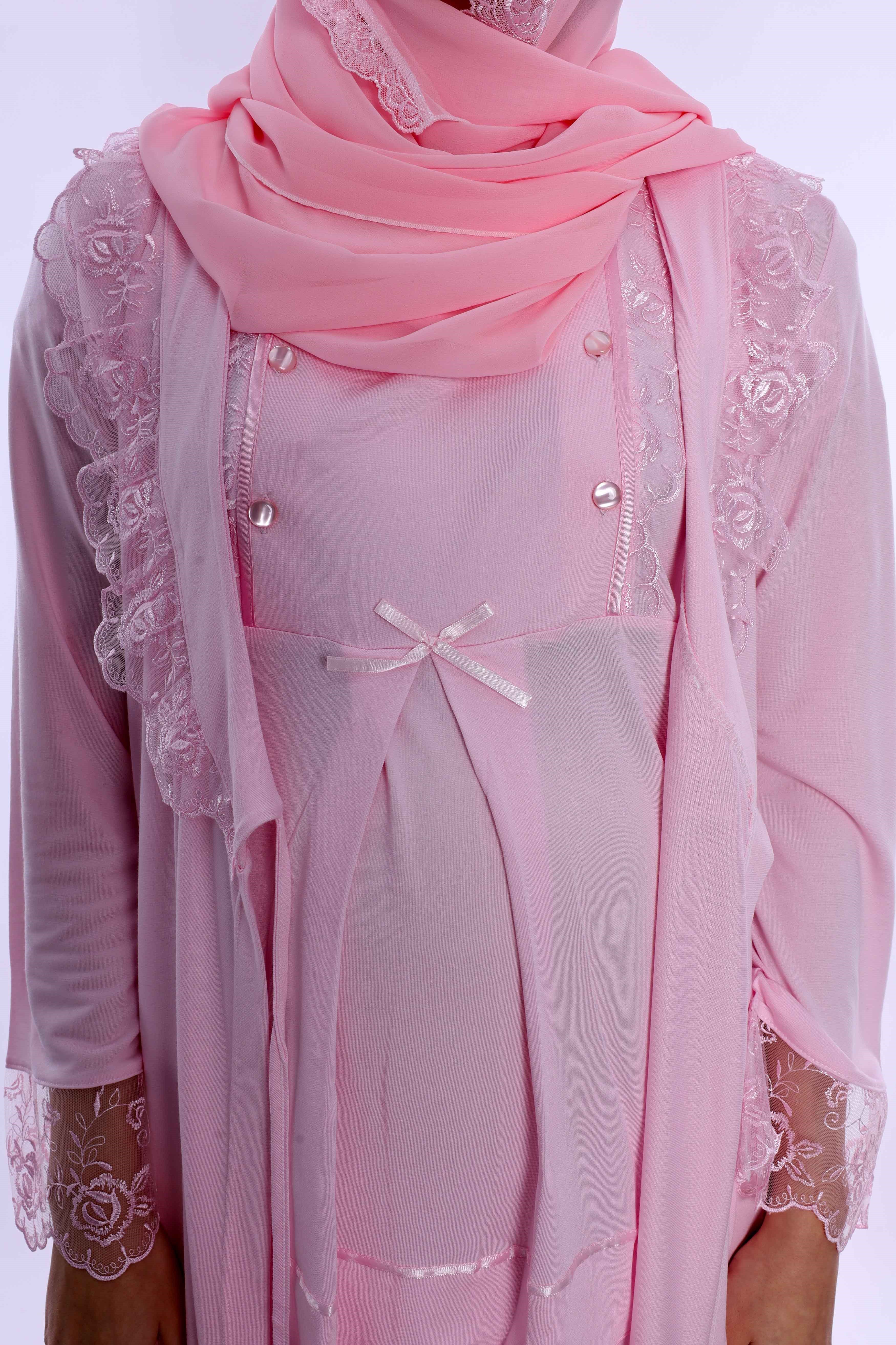 2T20542 Tesettürlü Ayarlanabilir Bel Lastikli Sabahlıklı Hamile Lohusa Pijama Takımı  - Pembe