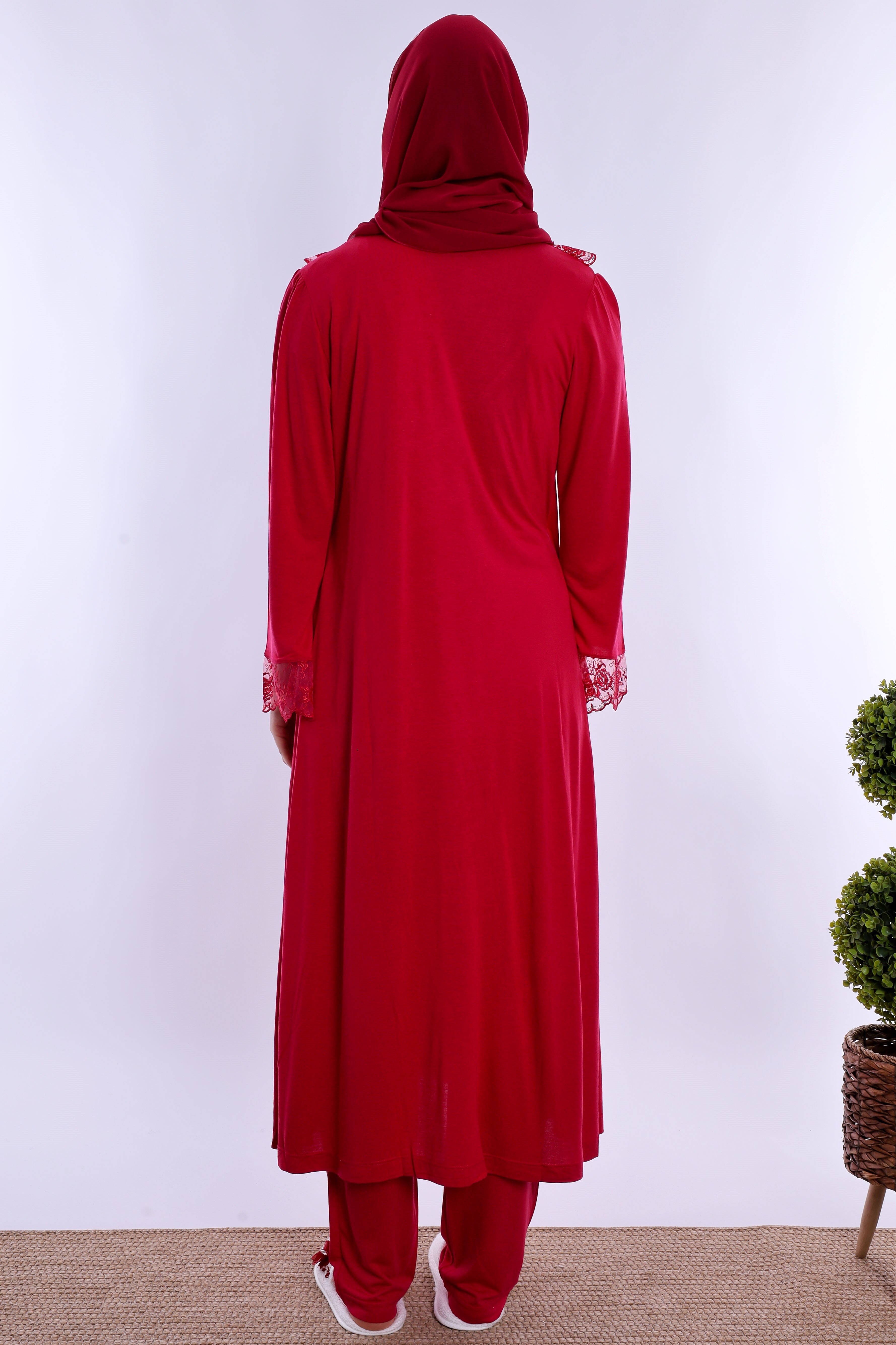 2T20542 Tesettürlü Ayarlanabilir Bel Lastikli Sabahlıklı Hamile Lohusa Pijama Takımı  - Vişne