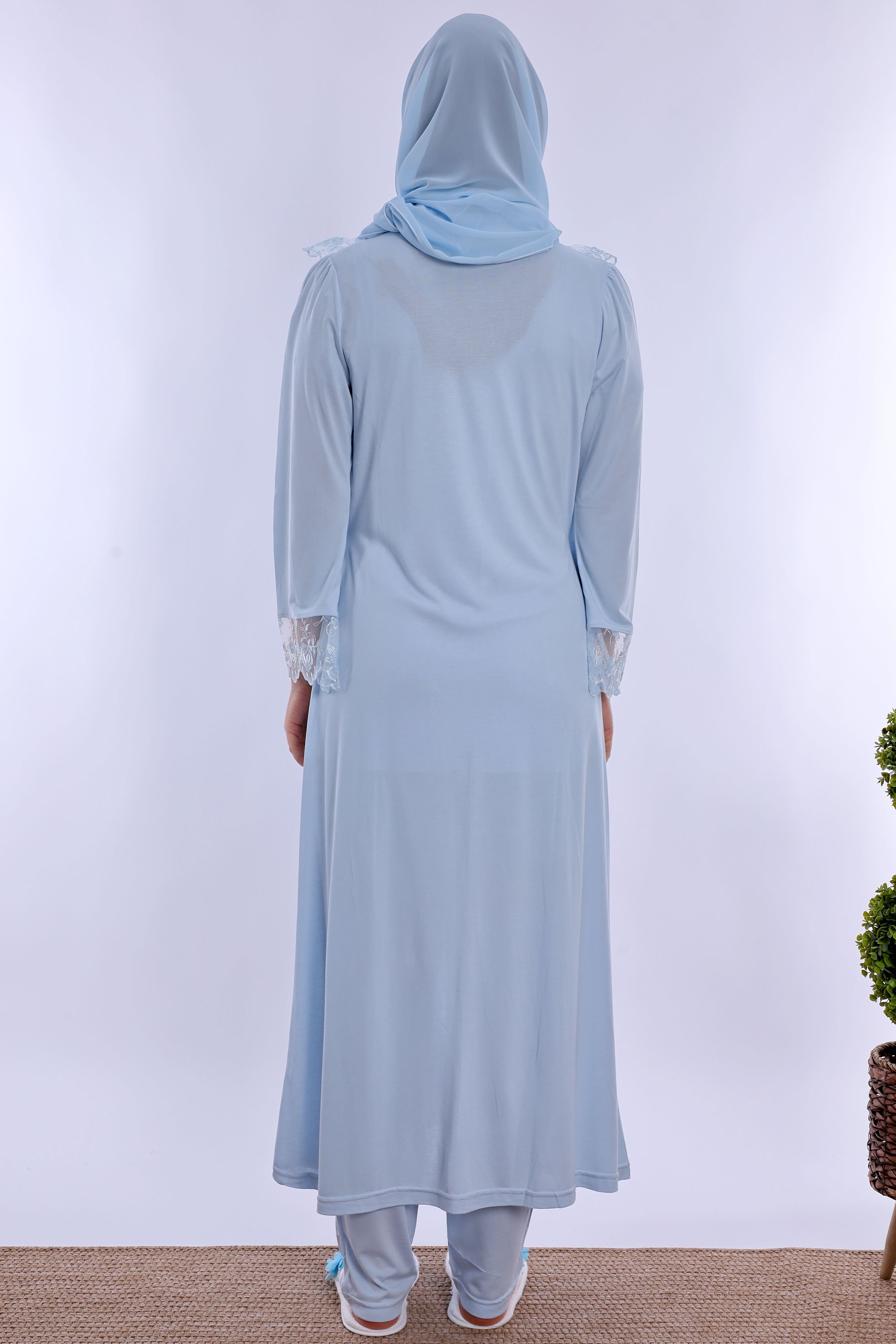 2T20542 Tesettürlü Ayarlanabilir Bel Lastikli Sabahlıklı Hamile Lohusa Pijama Takımı  - Mavi