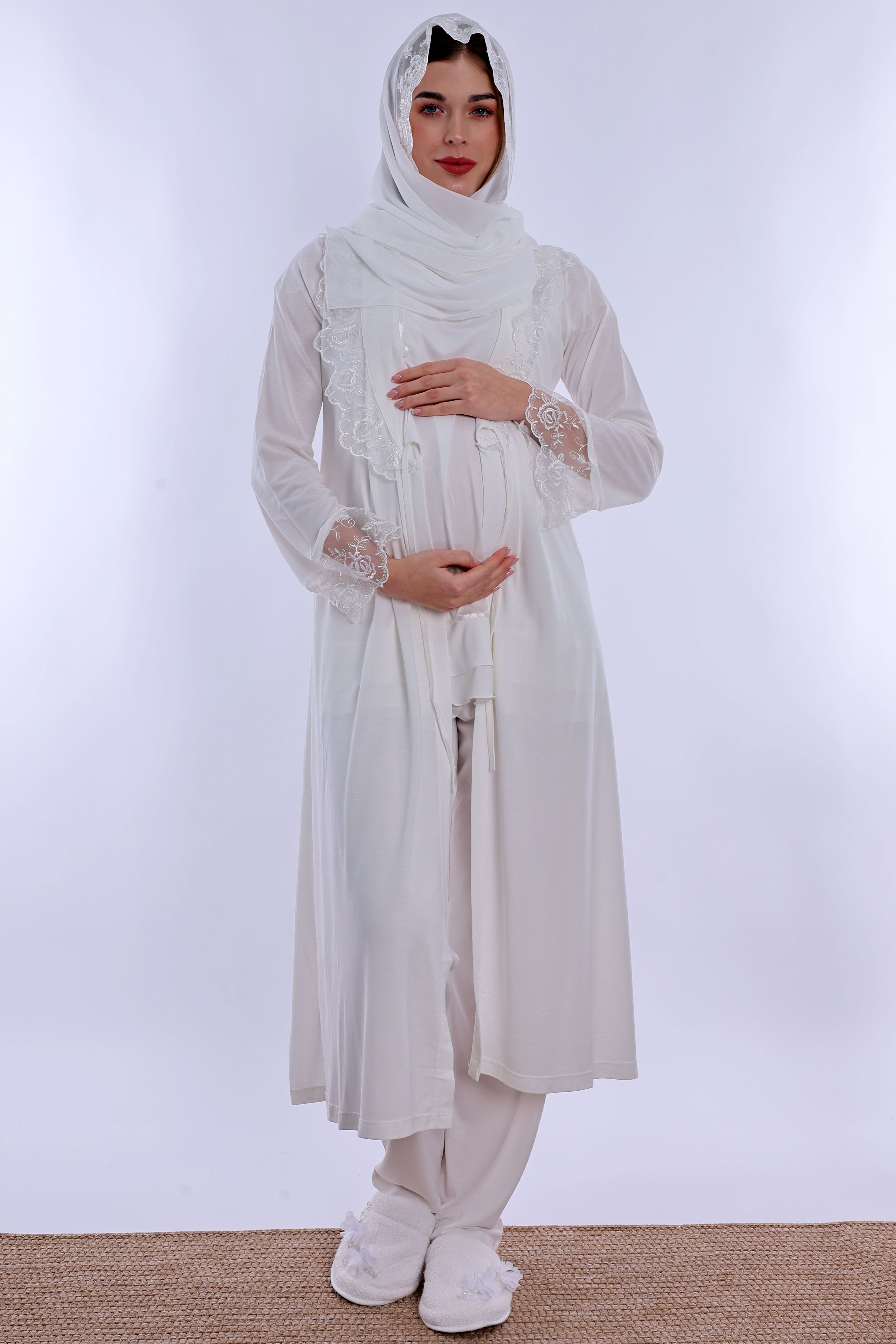 2T20542 Tesettürlü Ayarlanabilir Bel Lastikli Sabahlıklı Hamile Lohusa Pijama Takımı  - Ekru
