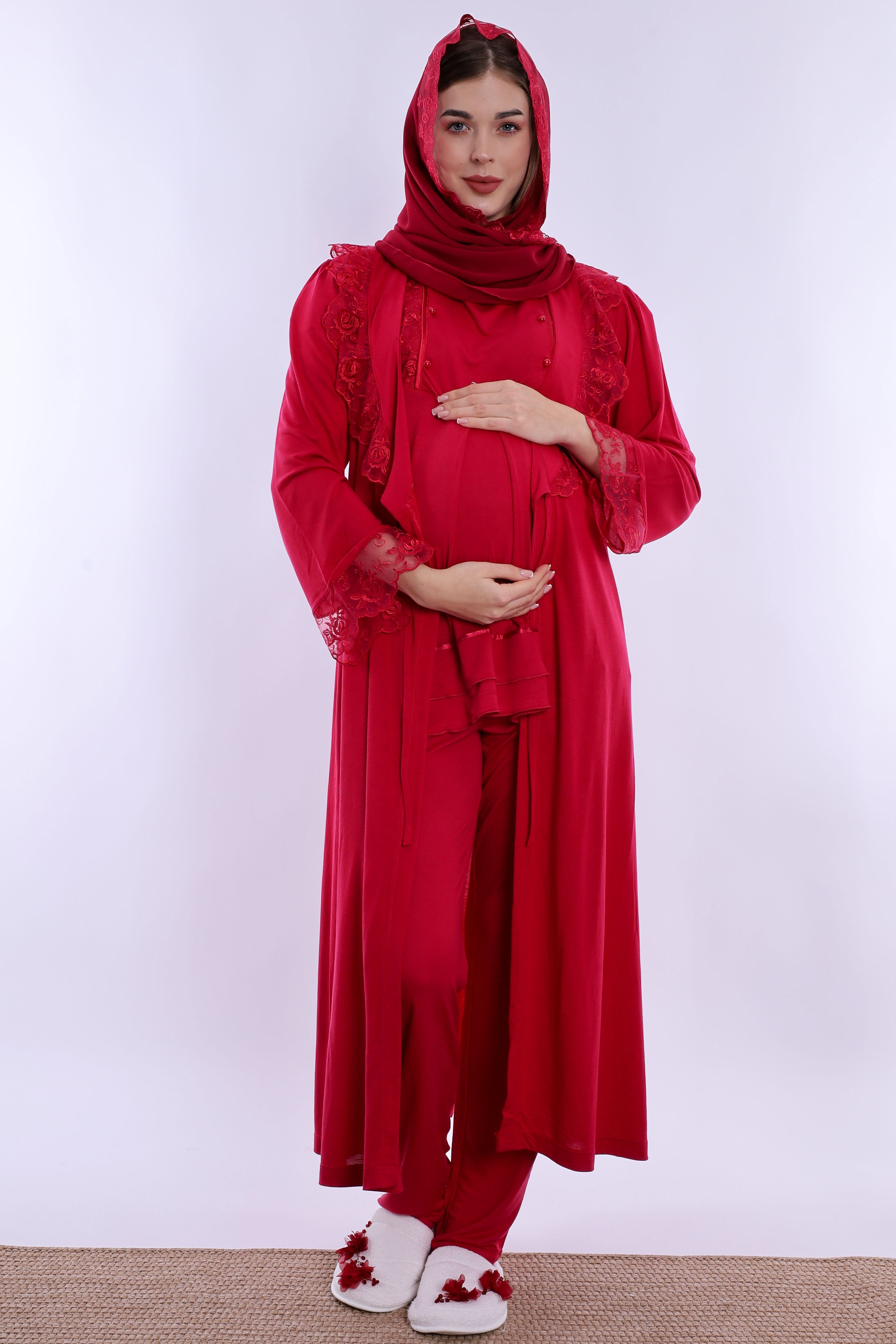 2T20542 Tesettürlü Ayarlanabilir Bel Lastikli Sabahlıklı Hamile Lohusa Pijama Takımı  - Vişne