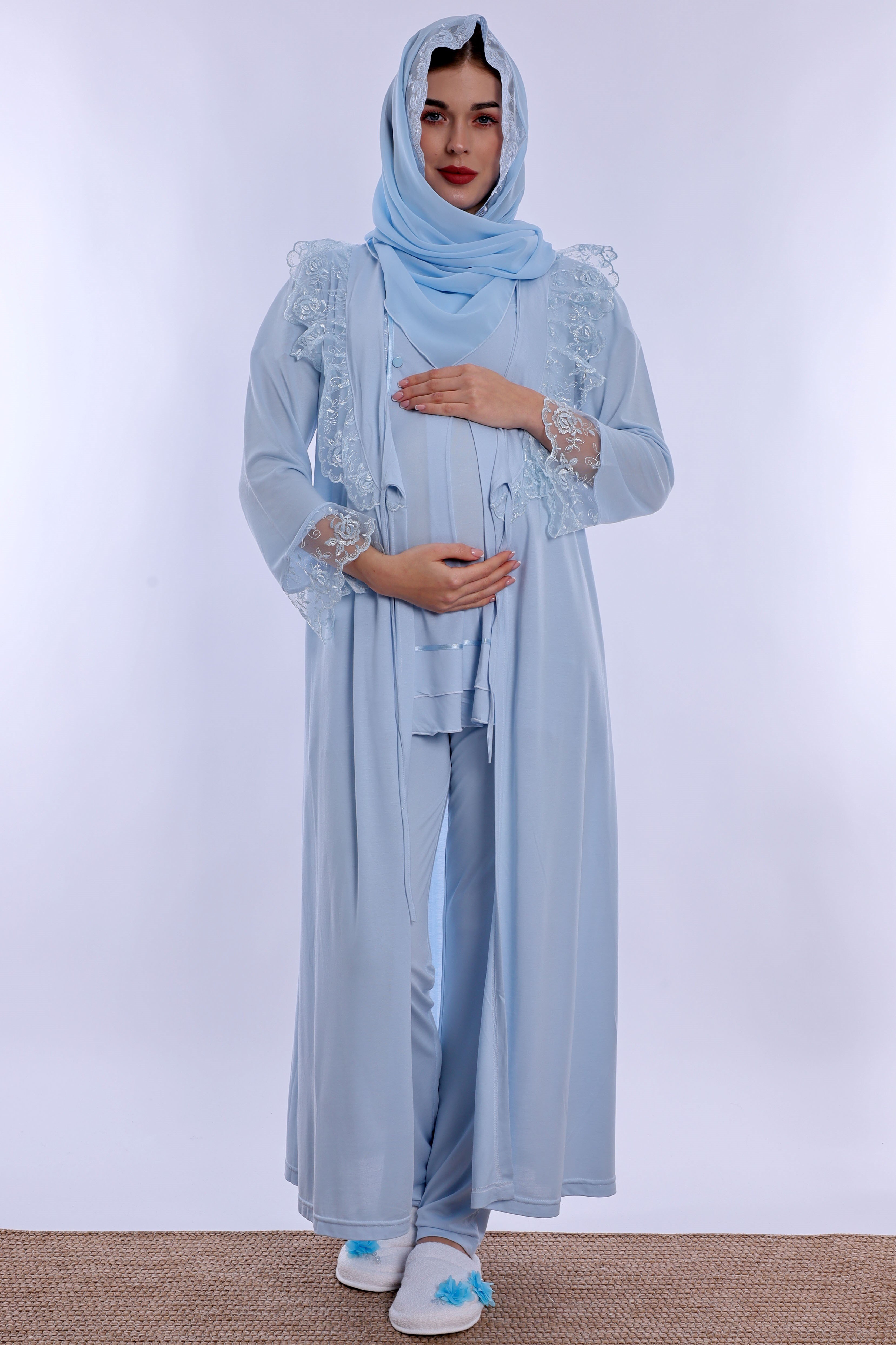 2T20542 Tesettürlü Ayarlanabilir Bel Lastikli Sabahlıklı Hamile Lohusa Pijama Takımı  - Mavi