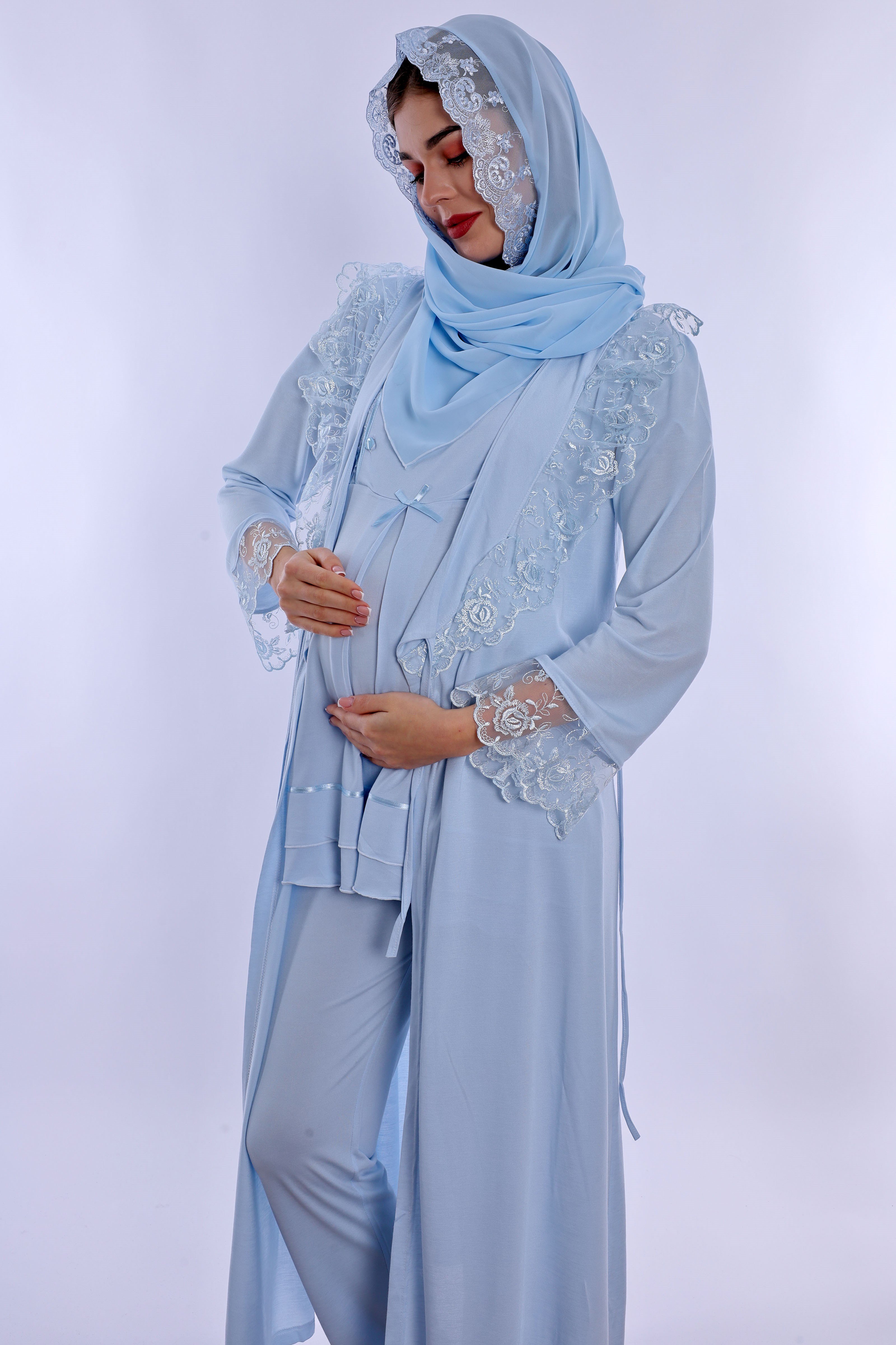 2T20542 Tesettürlü Ayarlanabilir Bel Lastikli Sabahlıklı Hamile Lohusa Pijama Takımı  - Mavi