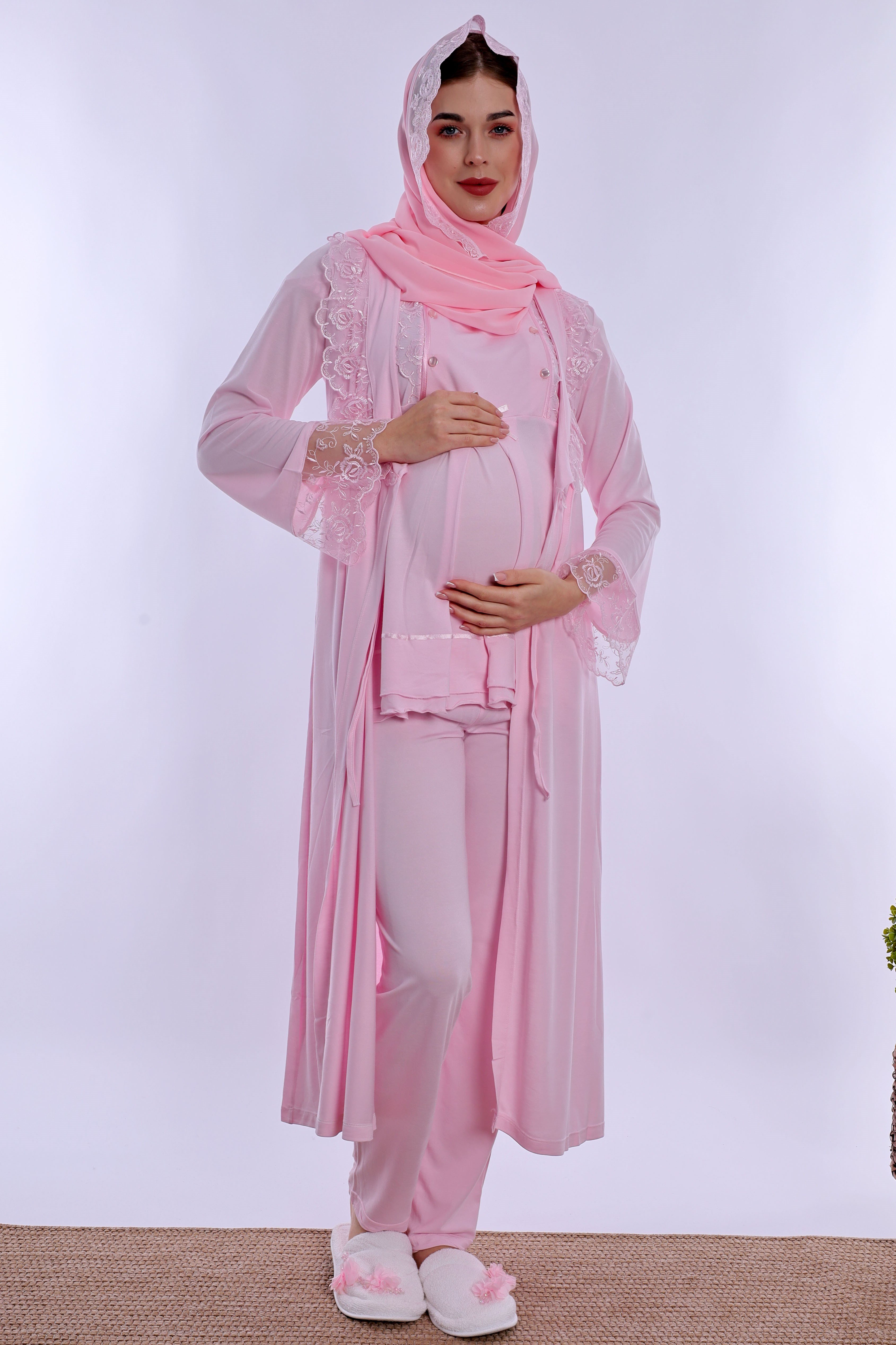 2T20542 Tesettürlü Ayarlanabilir Bel Lastikli Sabahlıklı Hamile Lohusa Pijama Takımı  - Pembe