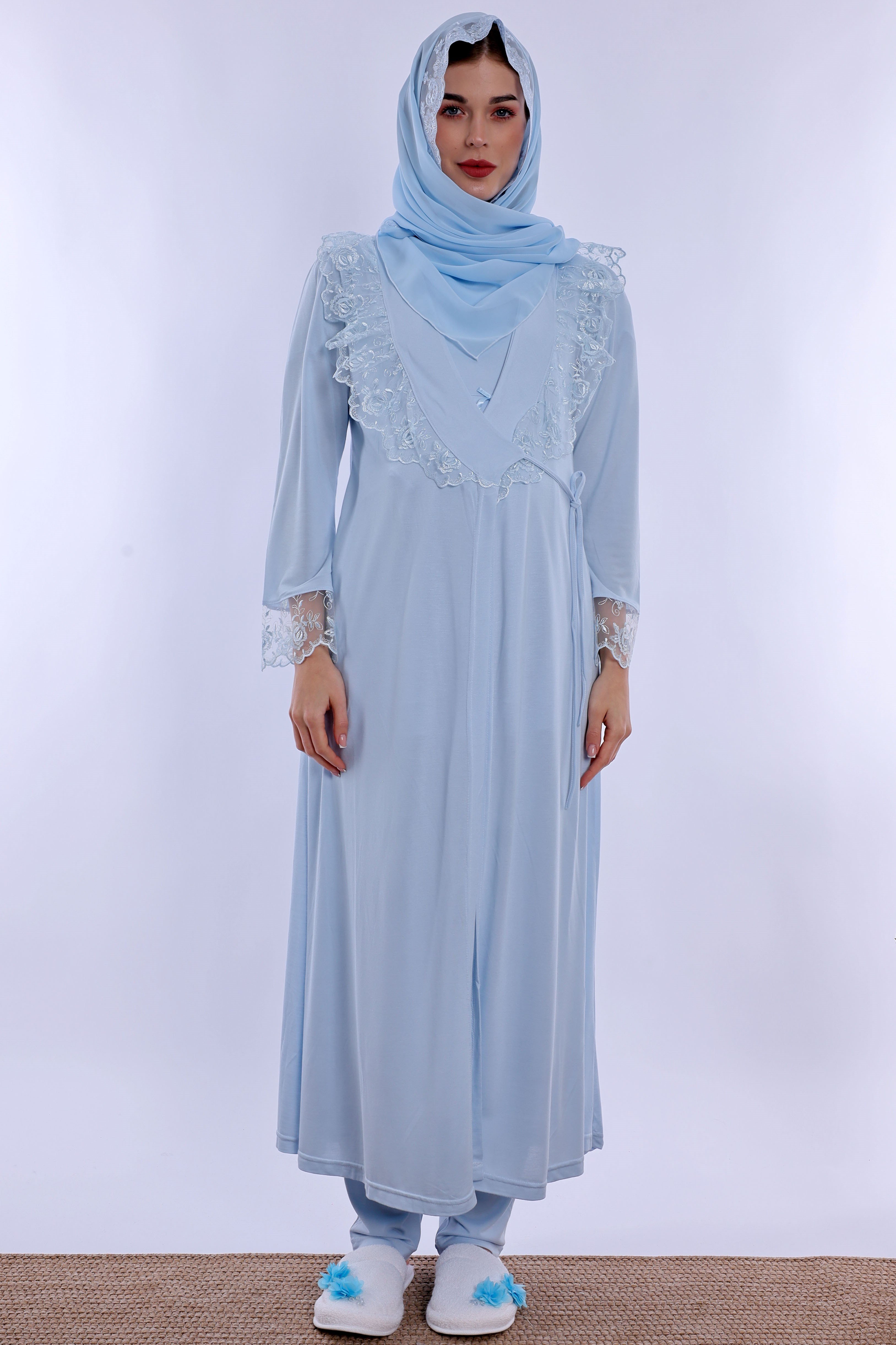 2T20542 Tesettürlü Ayarlanabilir Bel Lastikli Sabahlıklı Hamile Lohusa Pijama Takımı  - Mavi
