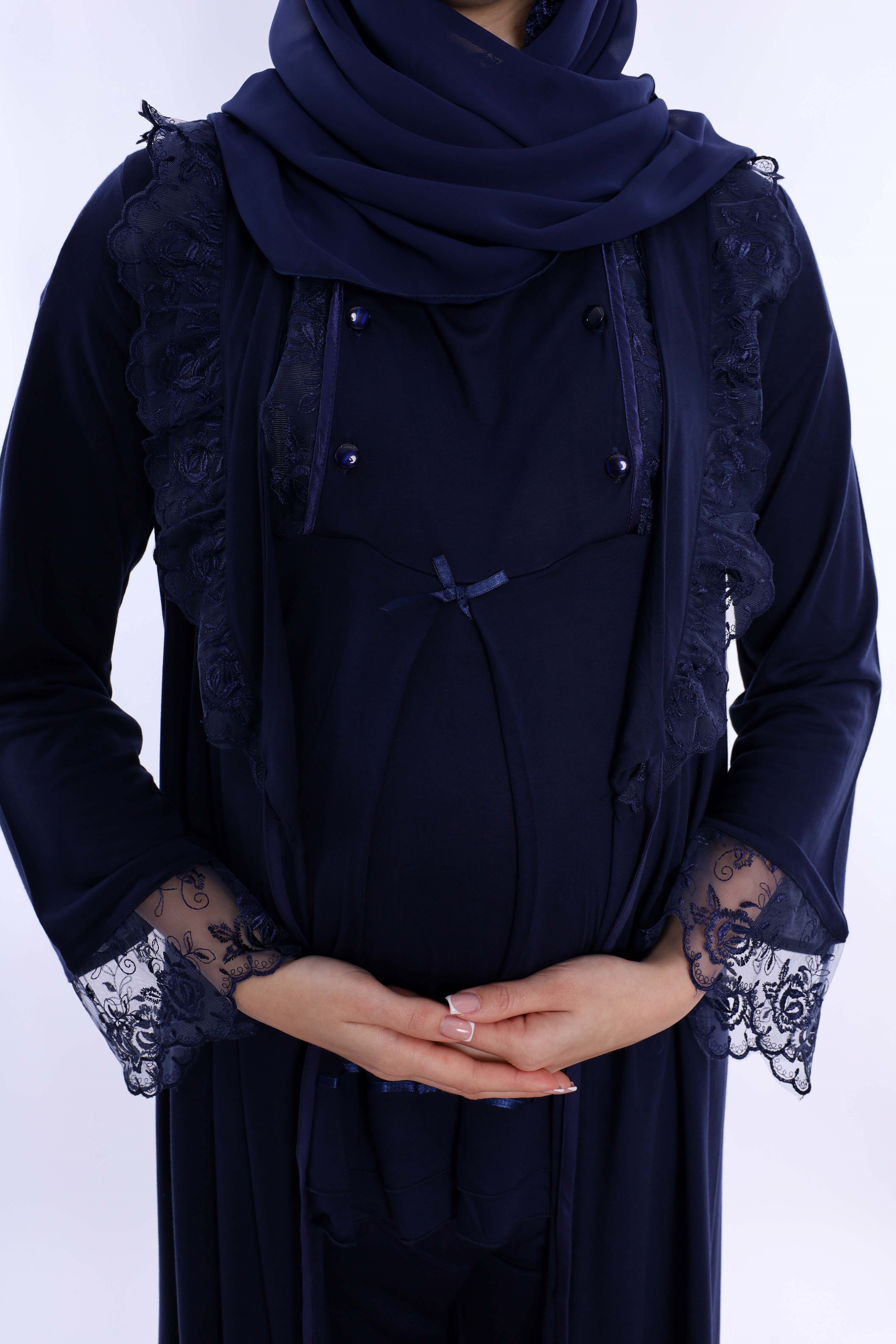 2T20542 Tesettürlü Ayarlanabilir Bel Lastikli Sabahlıklı Hamile Lohusa Pijama Takımı  - Lacivert