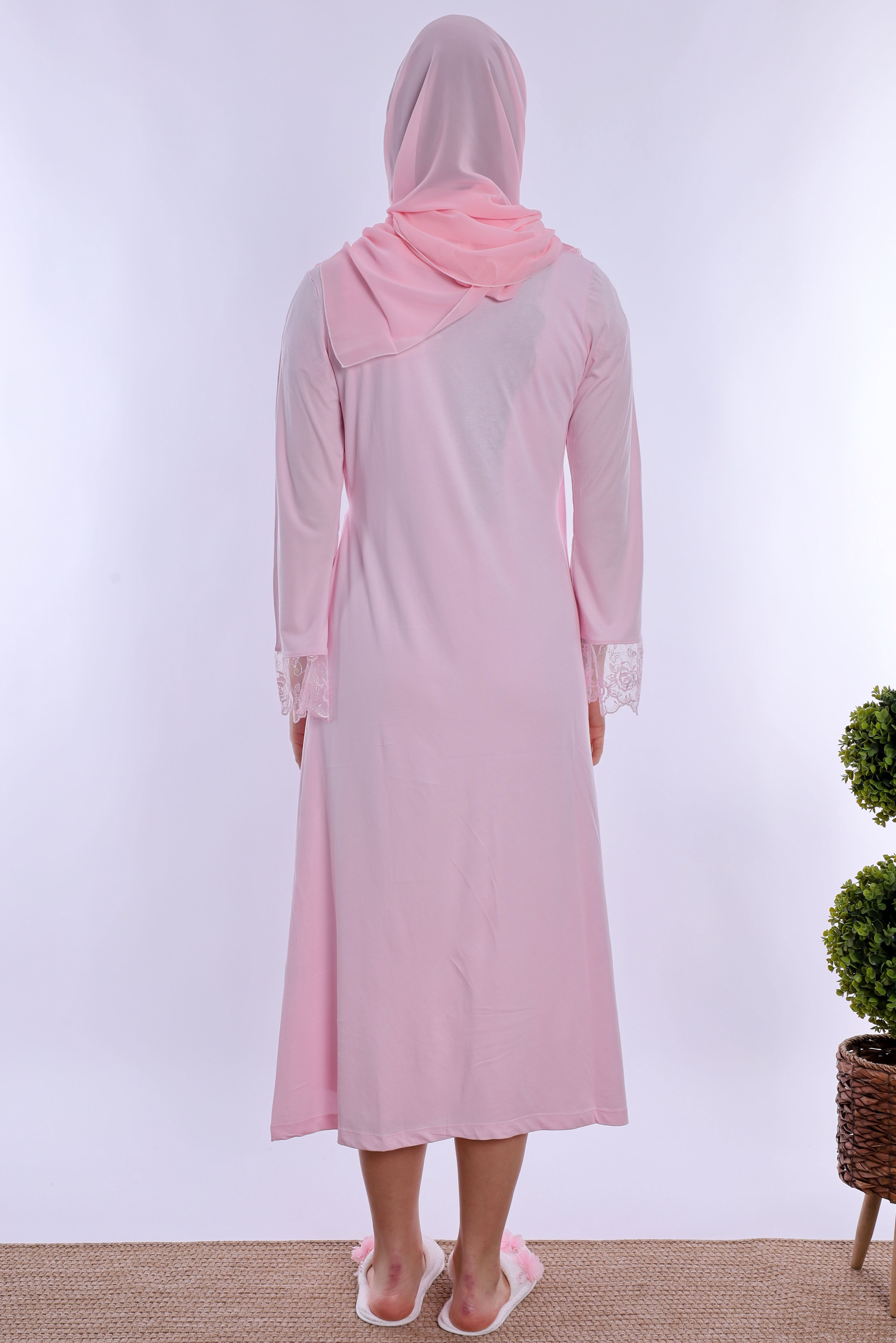 2T20552 Tesettürlü Yumuşak Dokulu Emzirme Özellikli Sabahlıklı Hamile Lohusa Gecelik Takımı  - Pembe