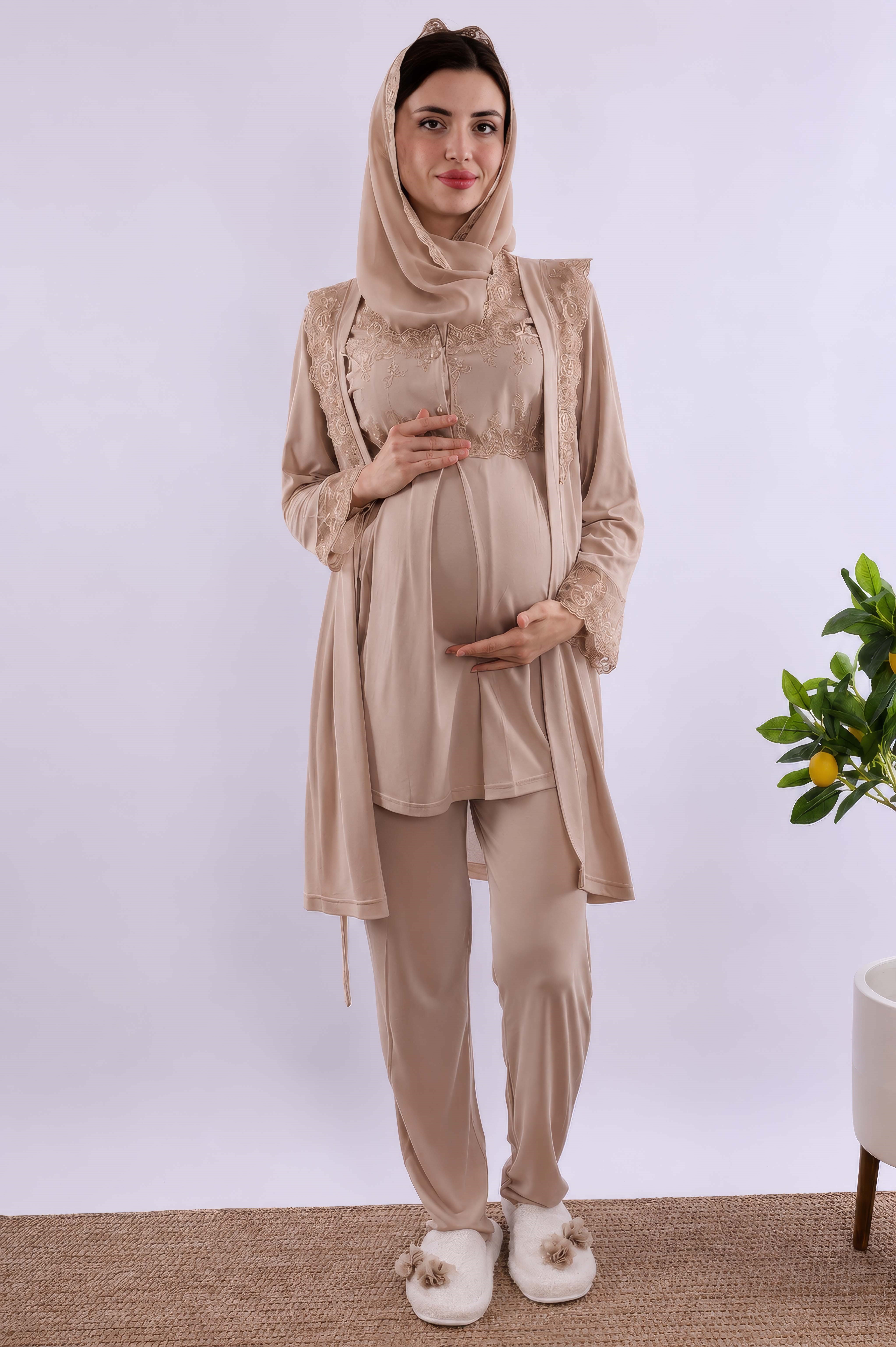 2T24012 Bej Tesettürlü Sabahlıklı Hamile Lohusa Pijama Takımı