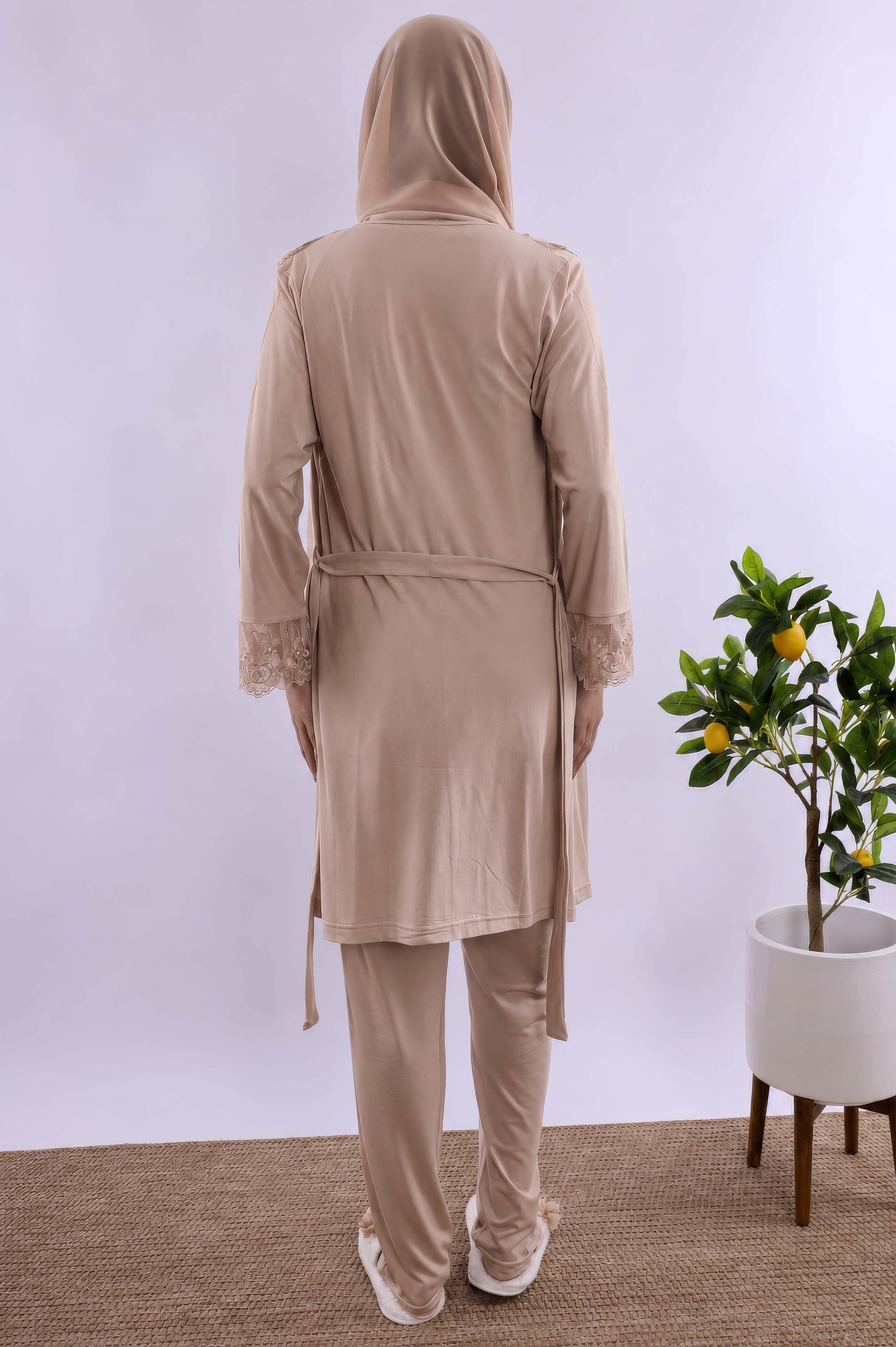 2T24012 Bej Tesettürlü Sabahlıklı Hamile Lohusa Pijama Takımı