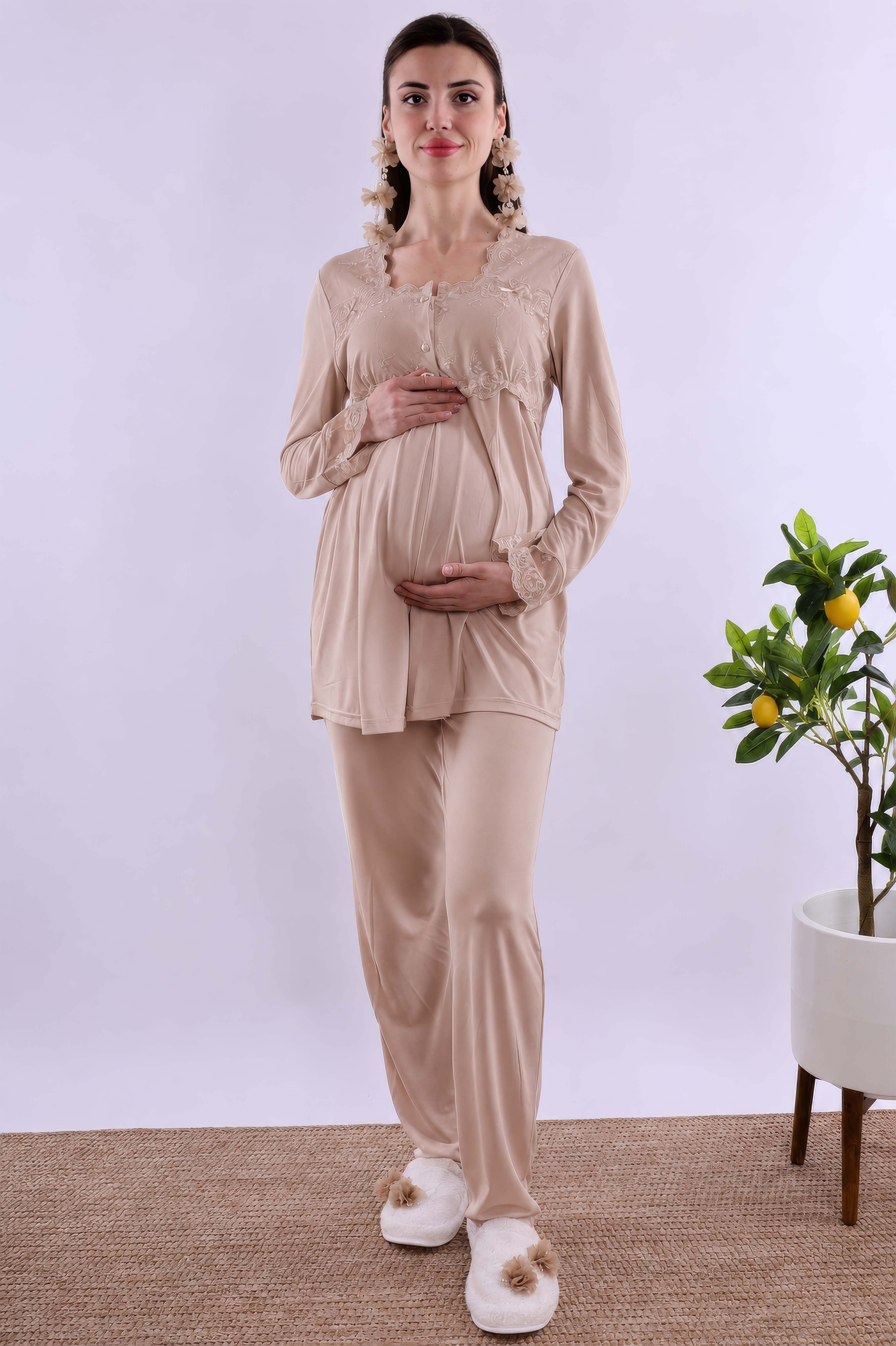 2T24012 Bej Tesettürlü Sabahlıklı Hamile Lohusa Pijama Takımı