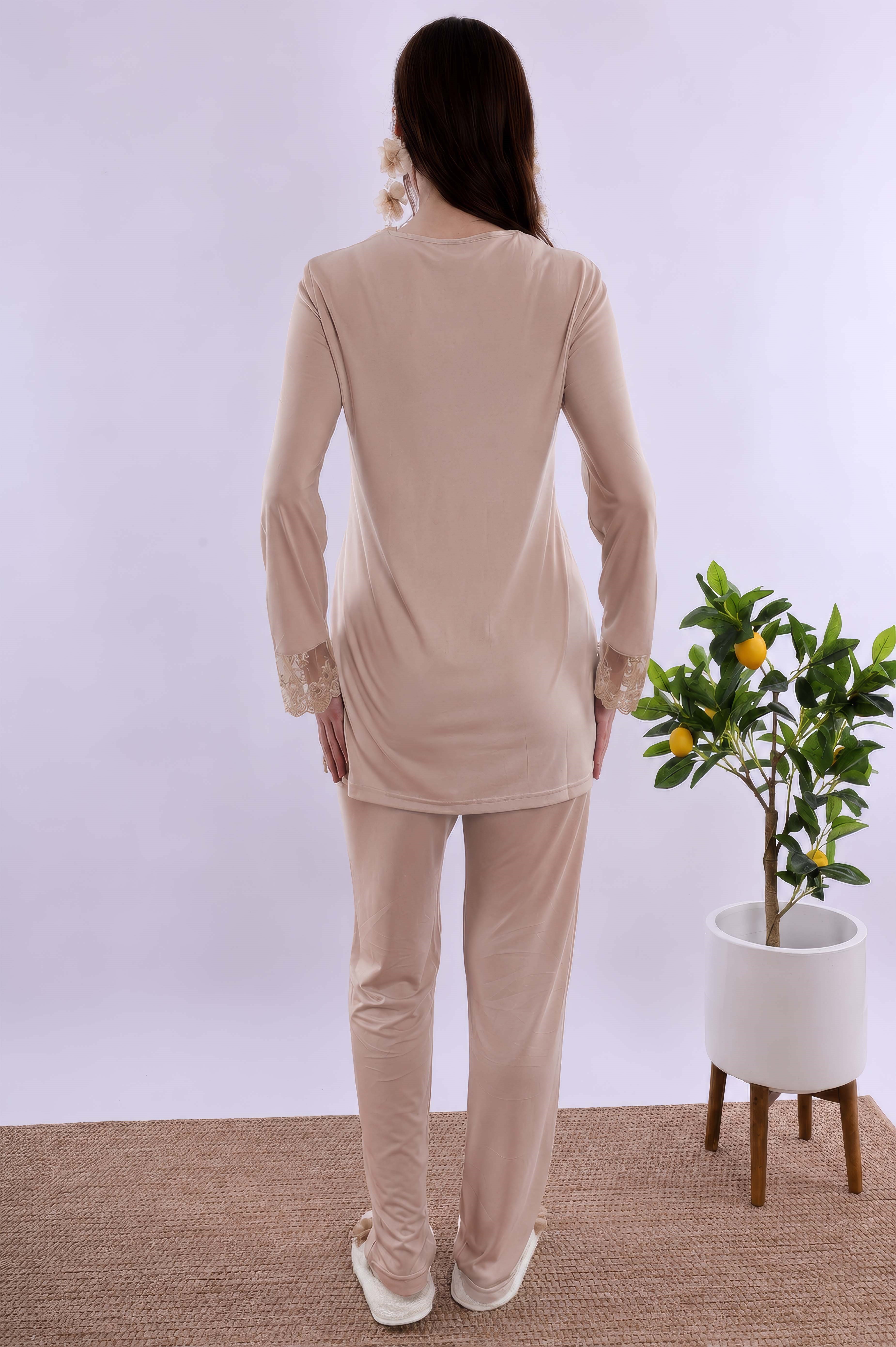 2T24012 Bej Tesettürlü Sabahlıklı Hamile Lohusa Pijama Takımı