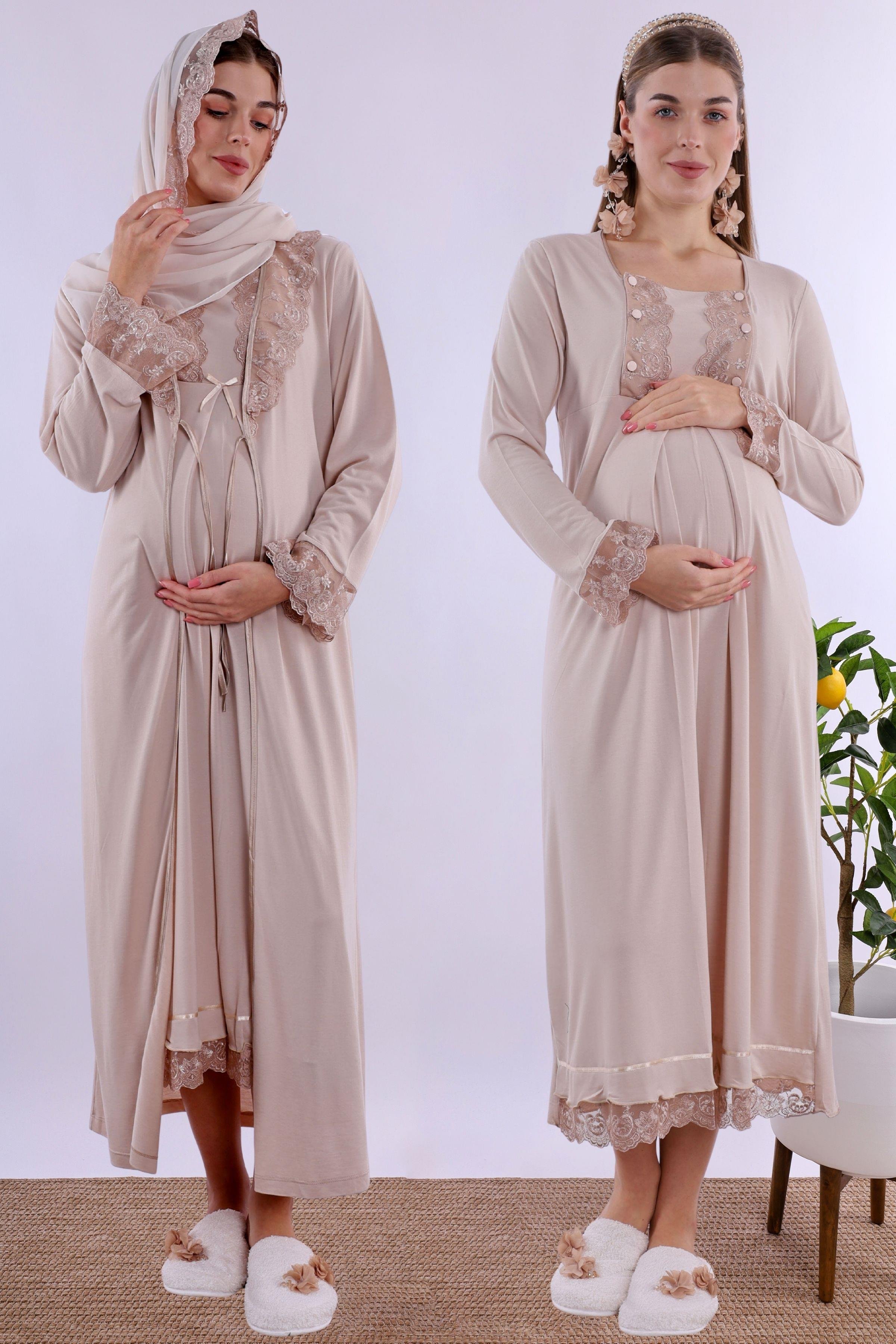 2T30412 Bej Tesettürlü Sabahlıklı Hamile Lohusa Gecelik Takım