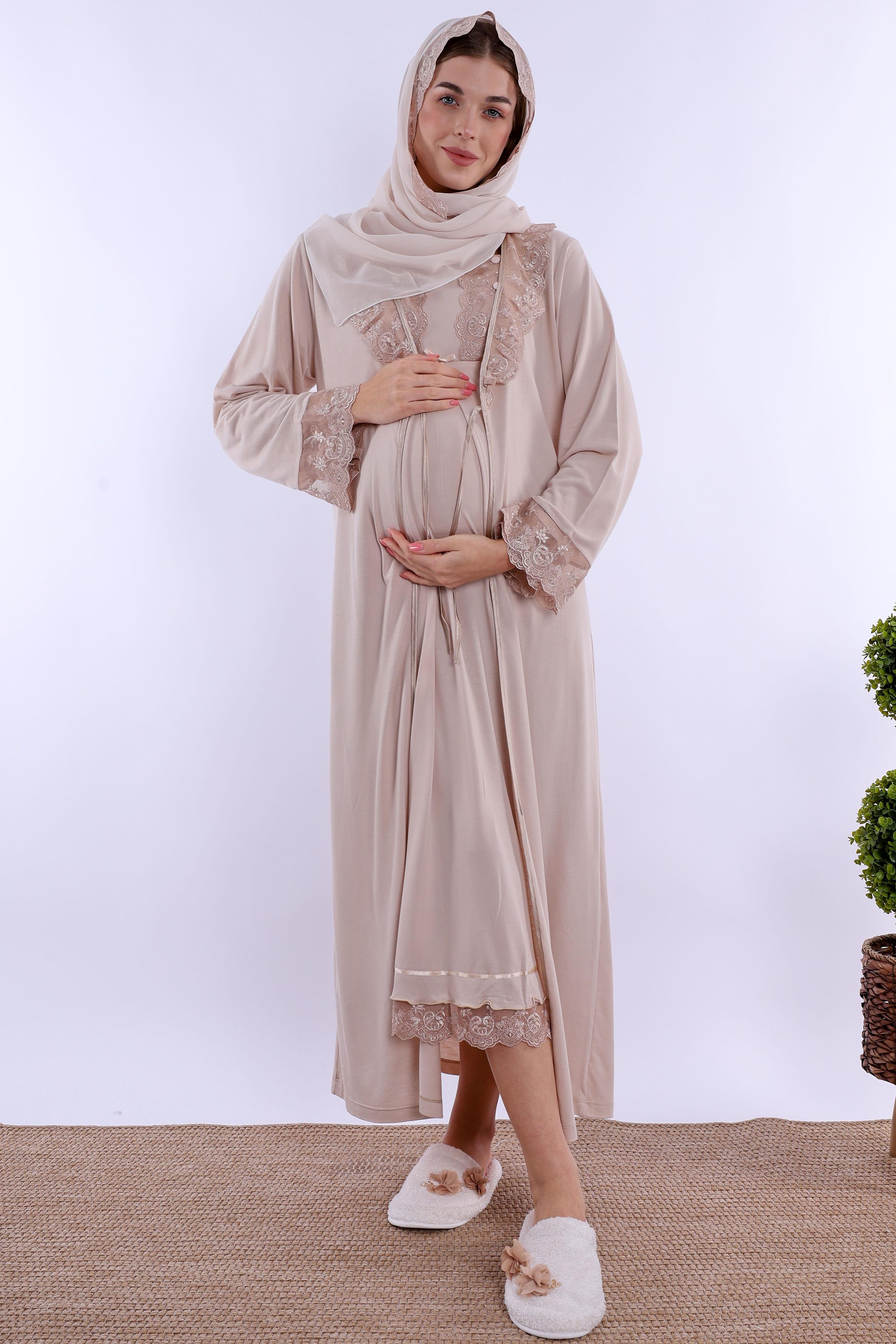 2T30412 Bej Tesettürlü Sabahlıklı Hamile Lohusa Gecelik Takım