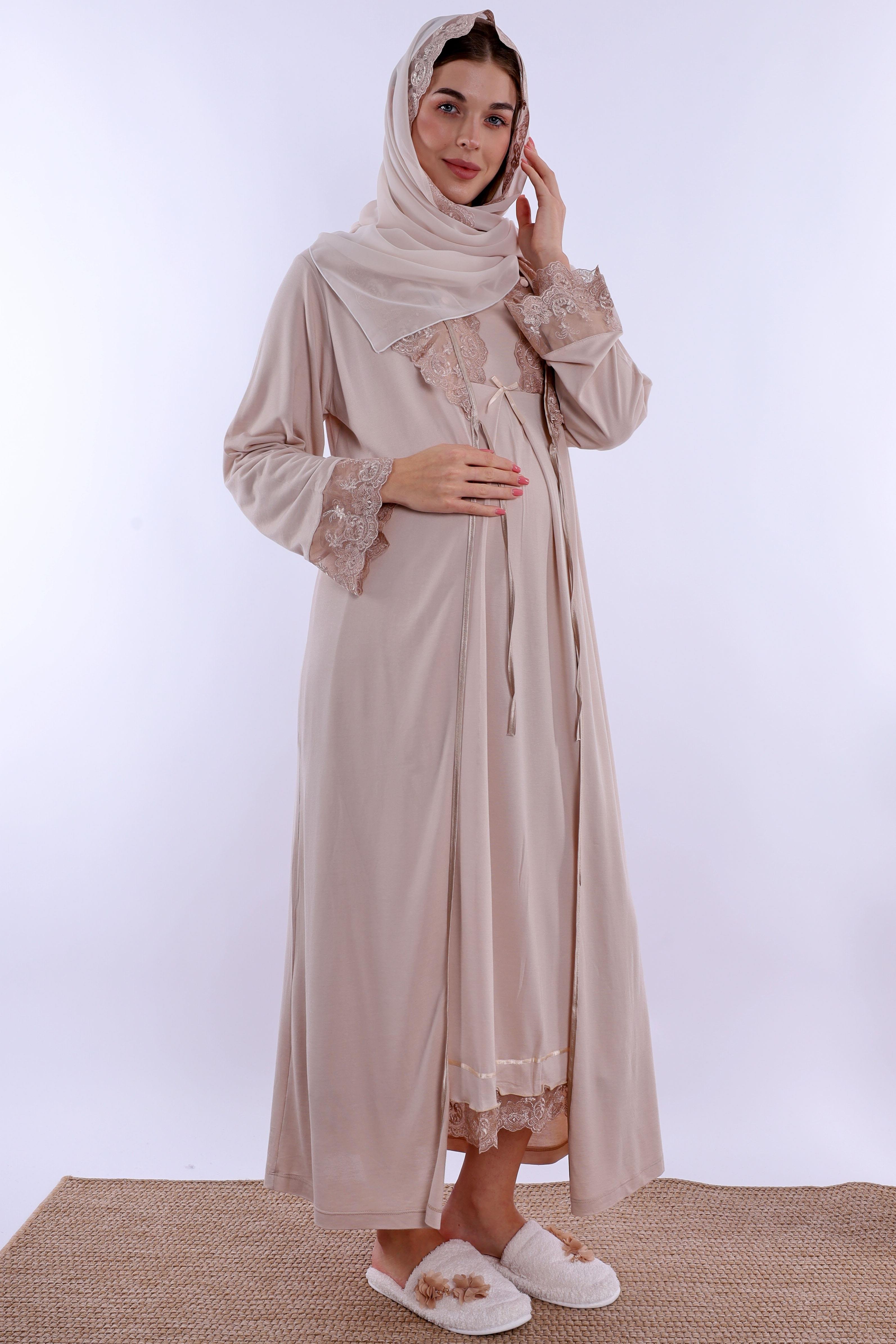 2T30412 Bej Tesettürlü Sabahlıklı Hamile Lohusa Gecelik Takım