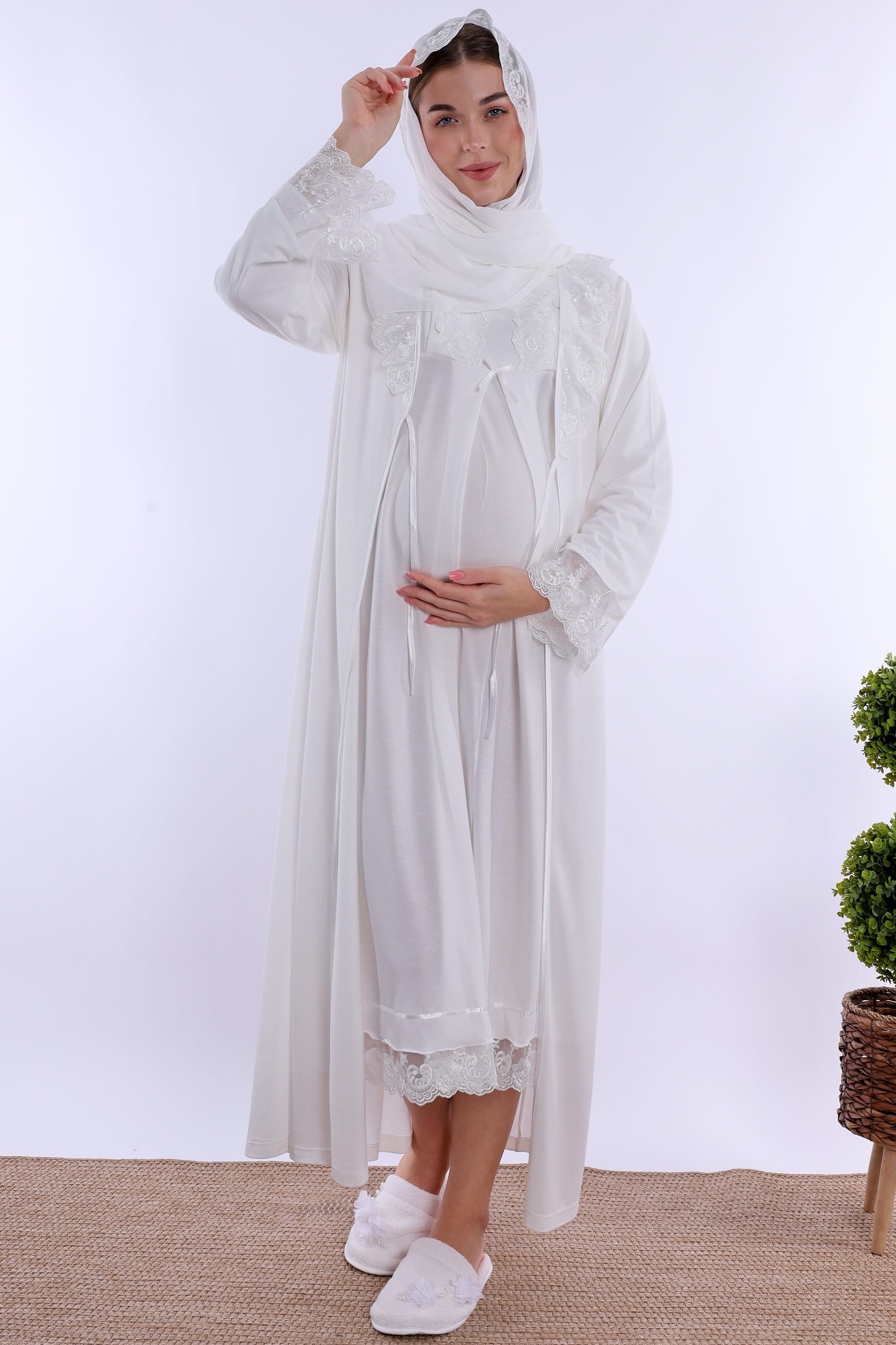 2T30412 Ekru Tesettürlü Sabahlıklı Hamile Lohusa Gecelik Takım