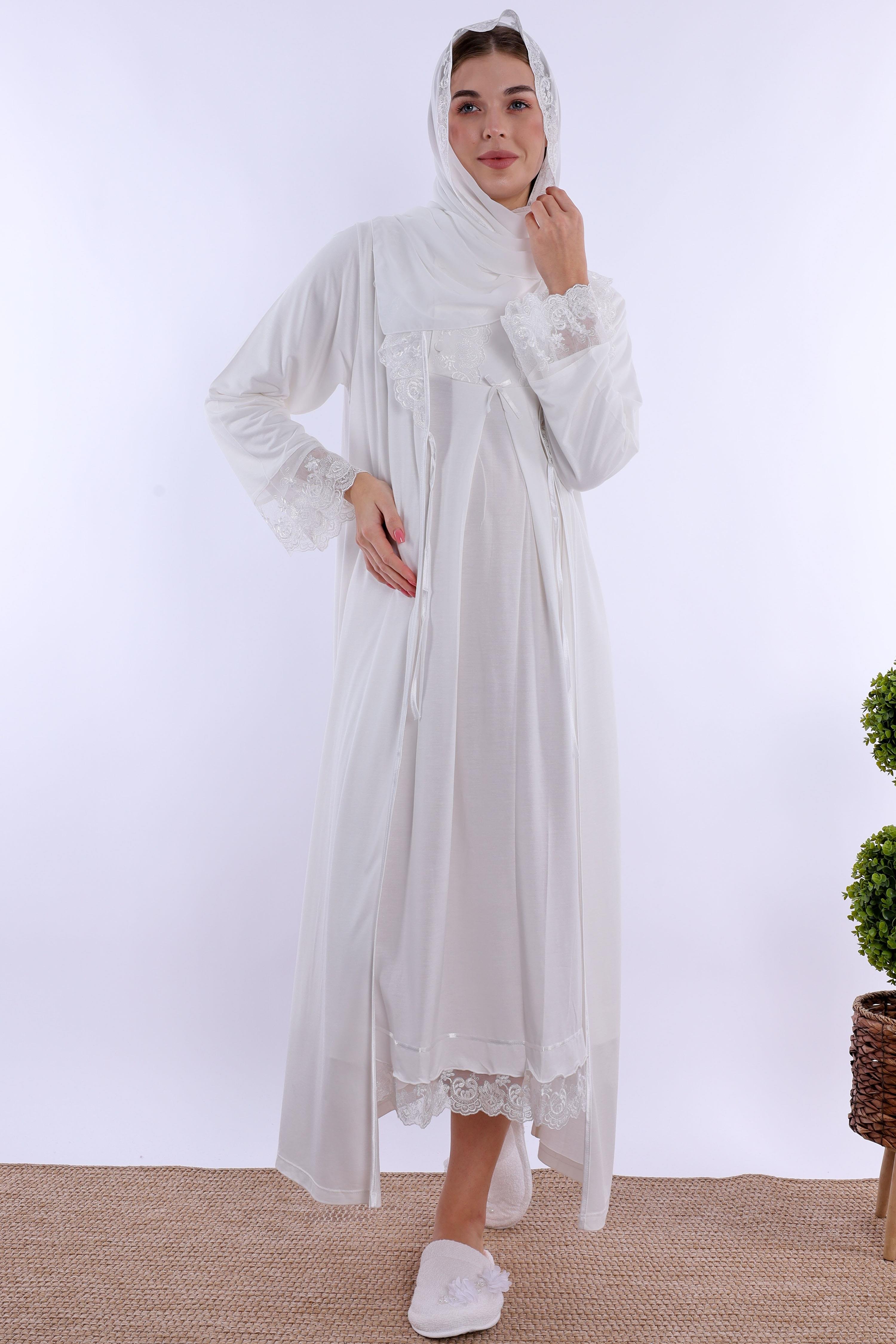 2T30412 Ekru Tesettürlü Sabahlıklı Hamile Lohusa Gecelik Takım