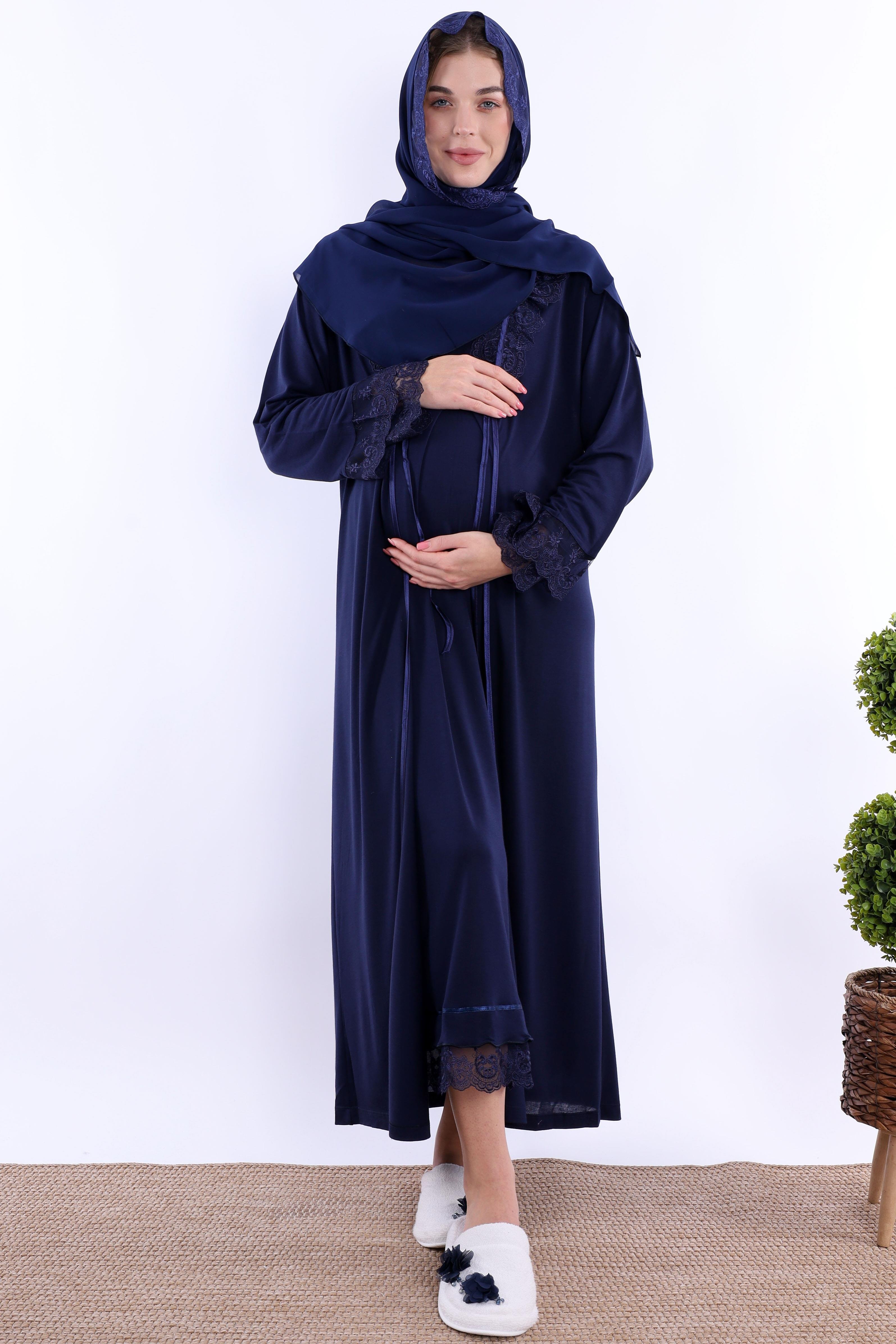 2T30412 Lacivert Tesettürlü Sabahlıklı Hamile Lohusa Gecelik Takım
