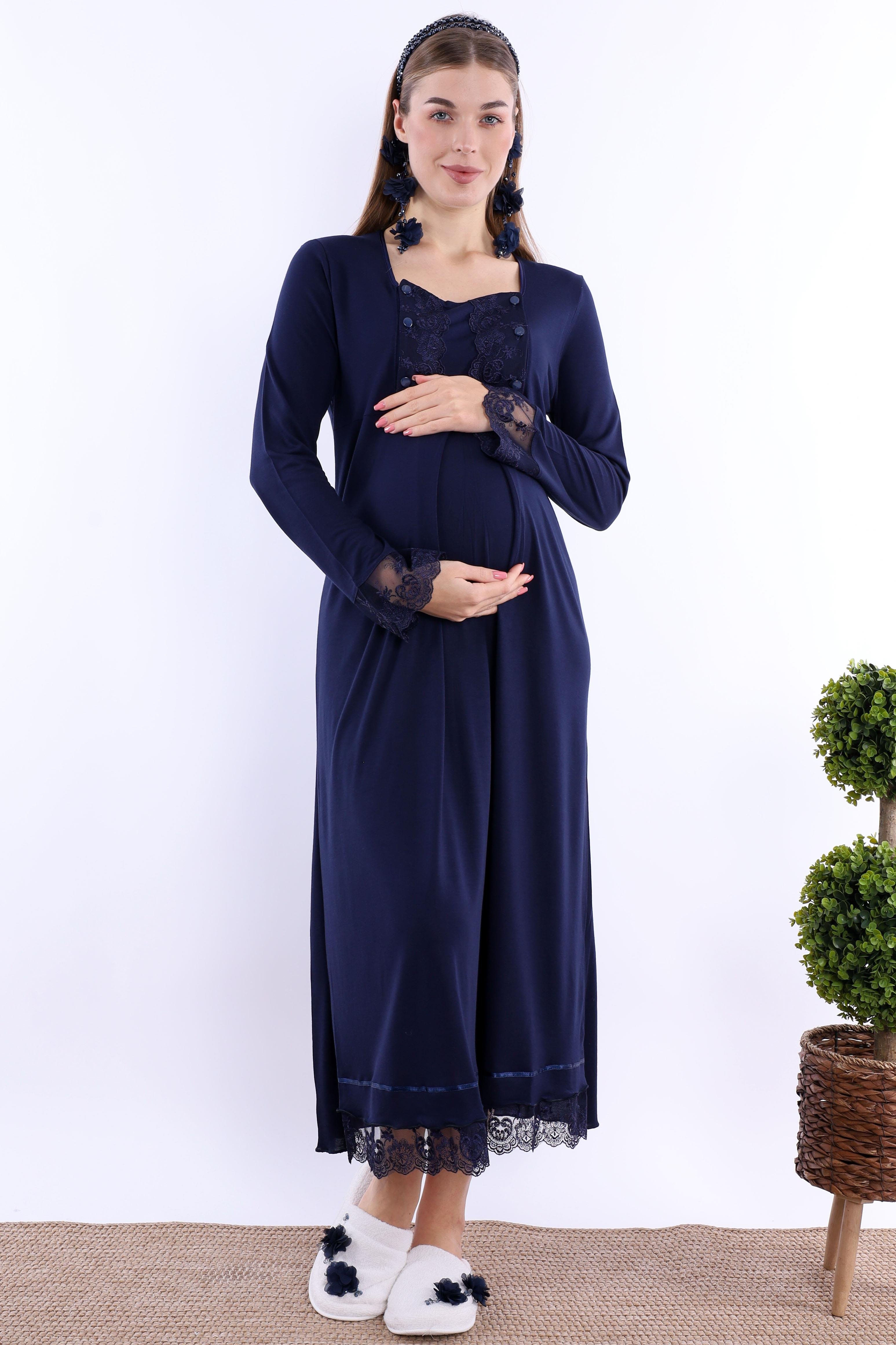 2T30412 Lacivert Tesettürlü Sabahlıklı Hamile Lohusa Gecelik Takım