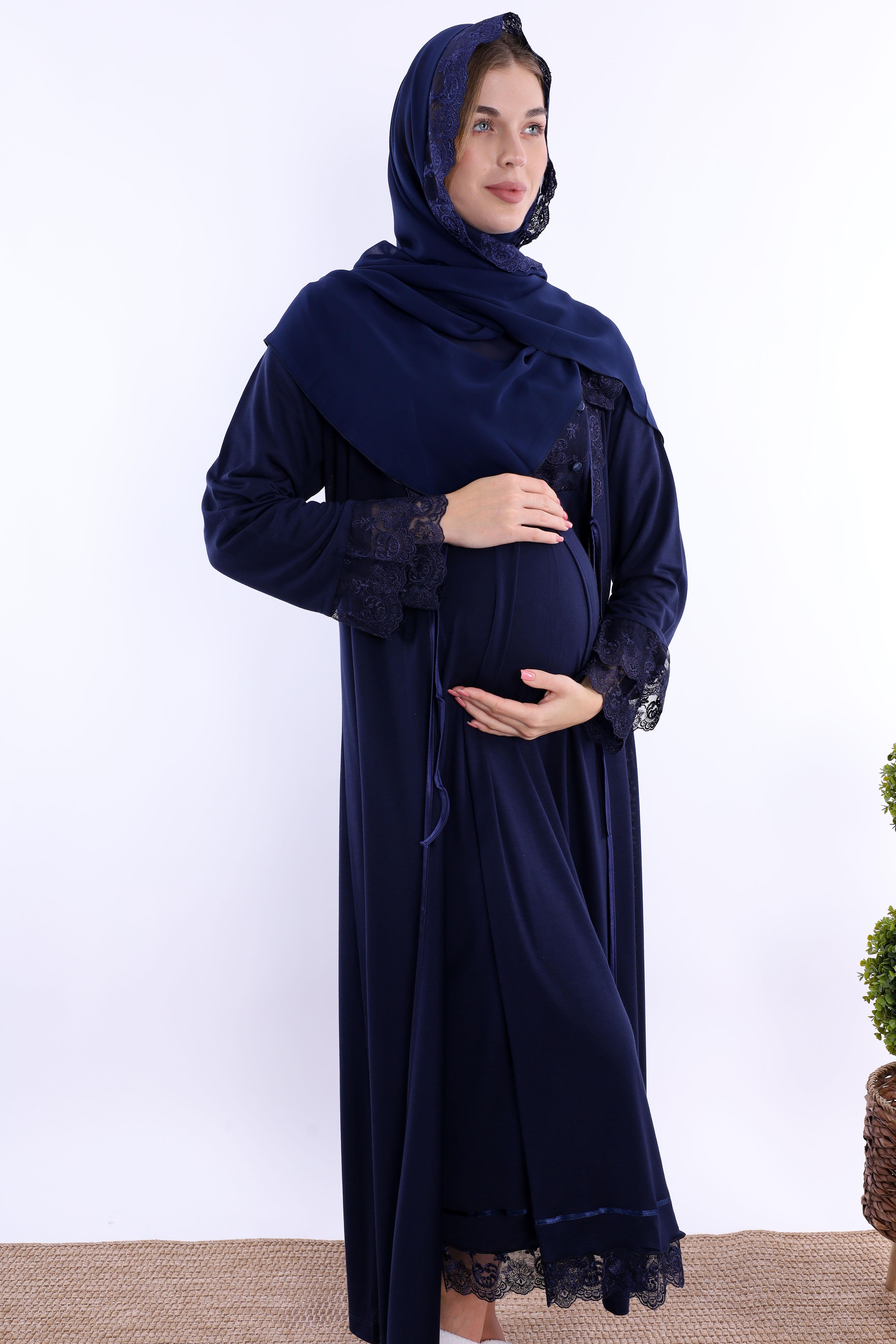 2T30412 Lacivert Tesettürlü Sabahlıklı Hamile Lohusa Gecelik Takım