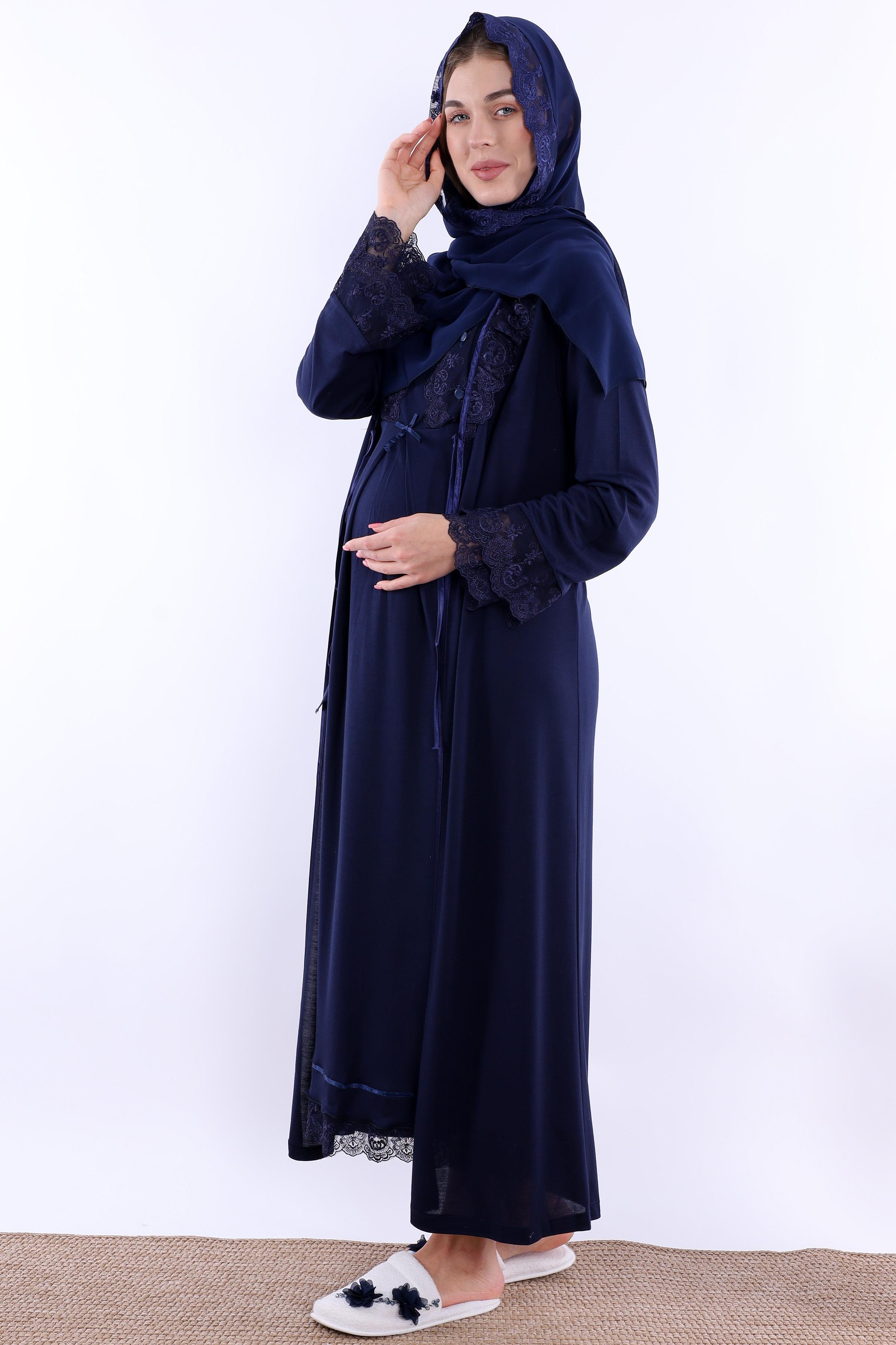 2T30412 Lacivert Tesettürlü Sabahlıklı Hamile Lohusa Gecelik Takım