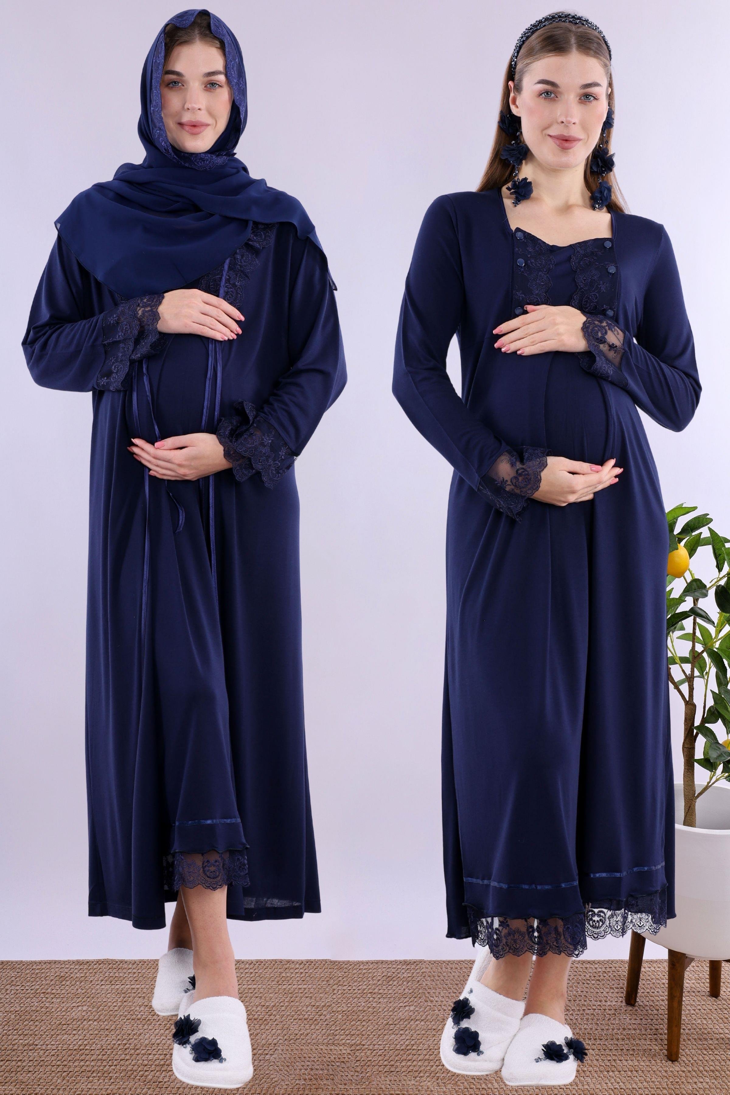 2T30412 Lacivert Tesettürlü Sabahlıklı Hamile Lohusa Gecelik Takım