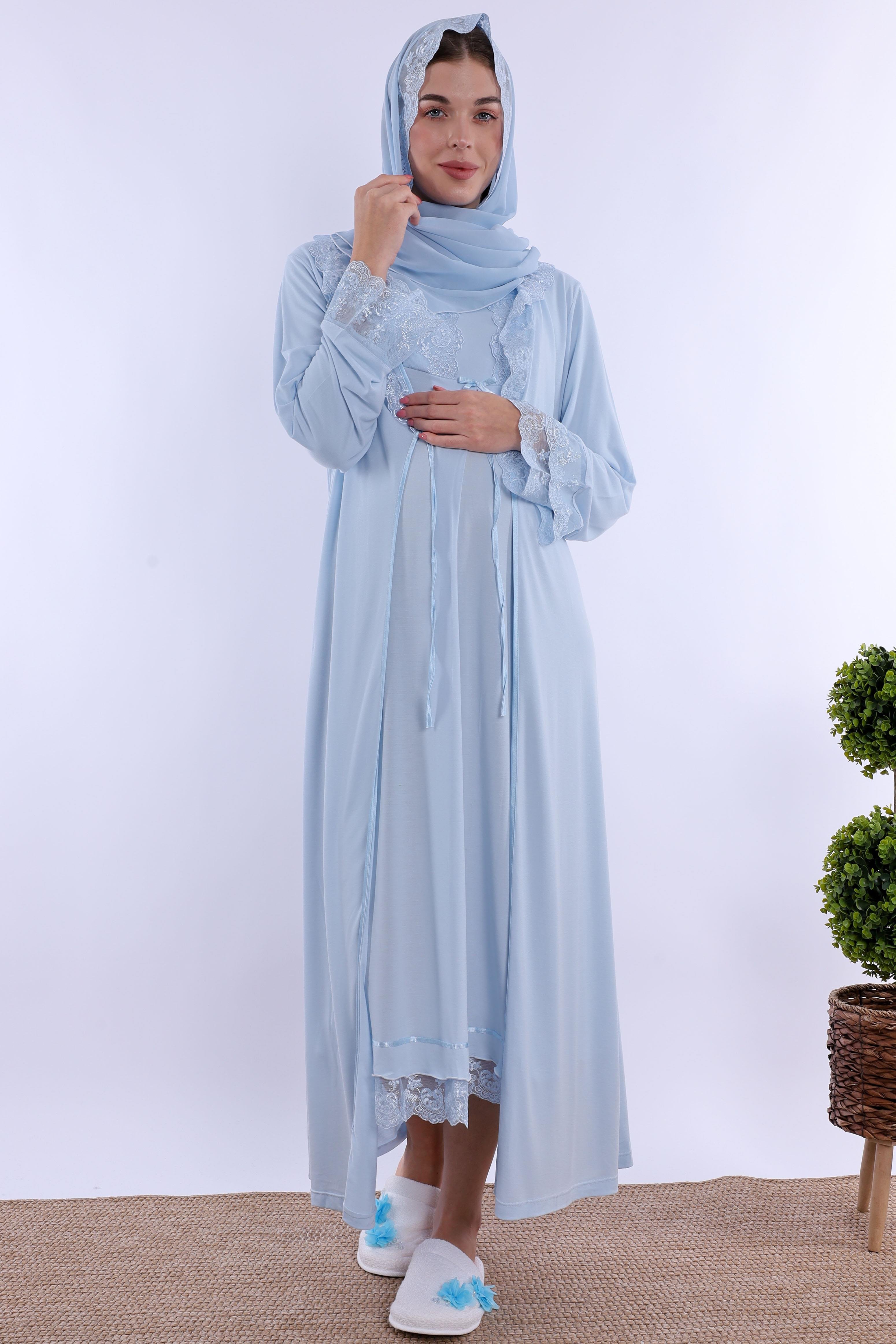 2T30412 Mavi Tesettürlü Sabahlıklı Hamile Lohusa Gecelik Takım