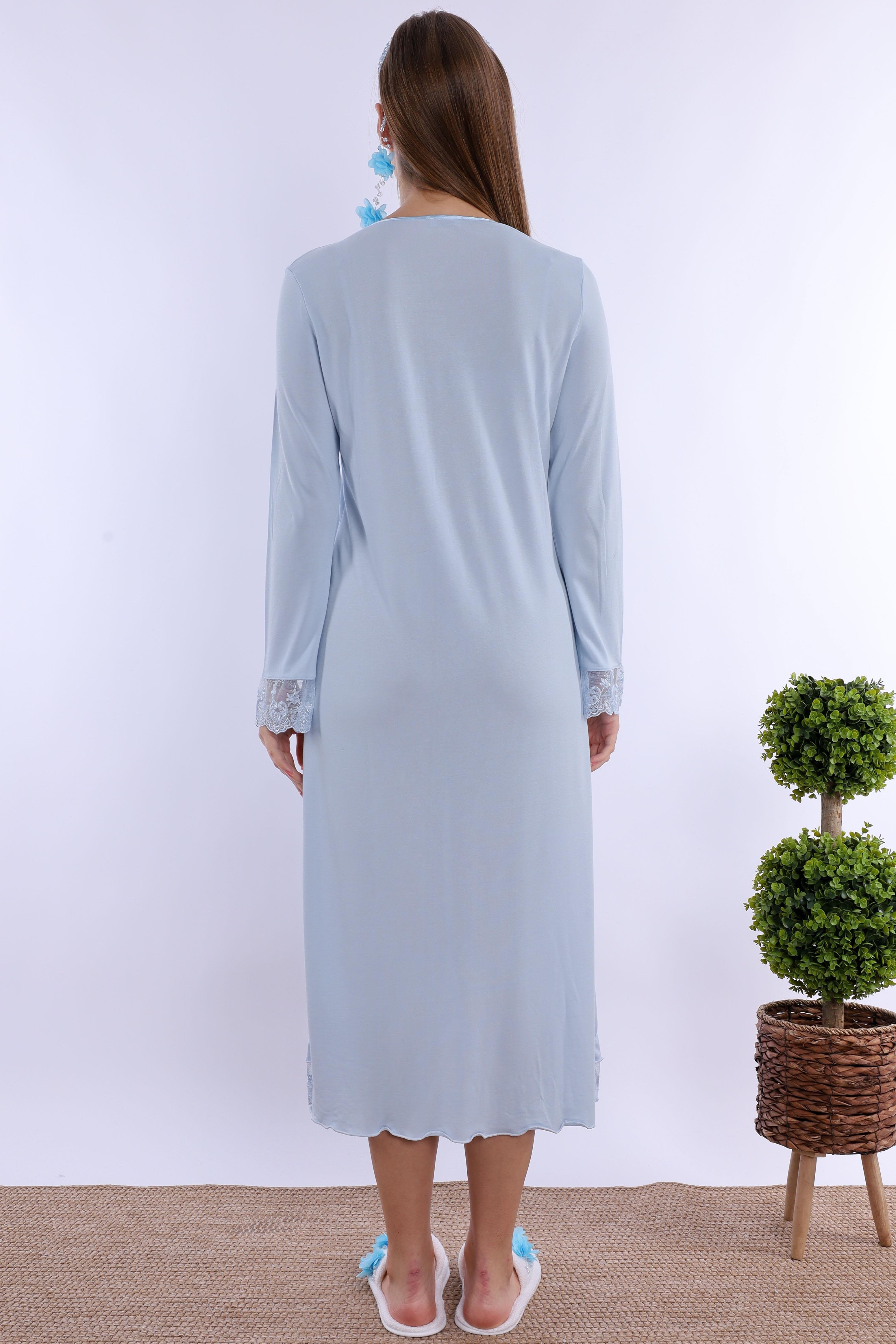 2T30412 Mavi Tesettürlü Sabahlıklı Hamile Lohusa Gecelik Takım