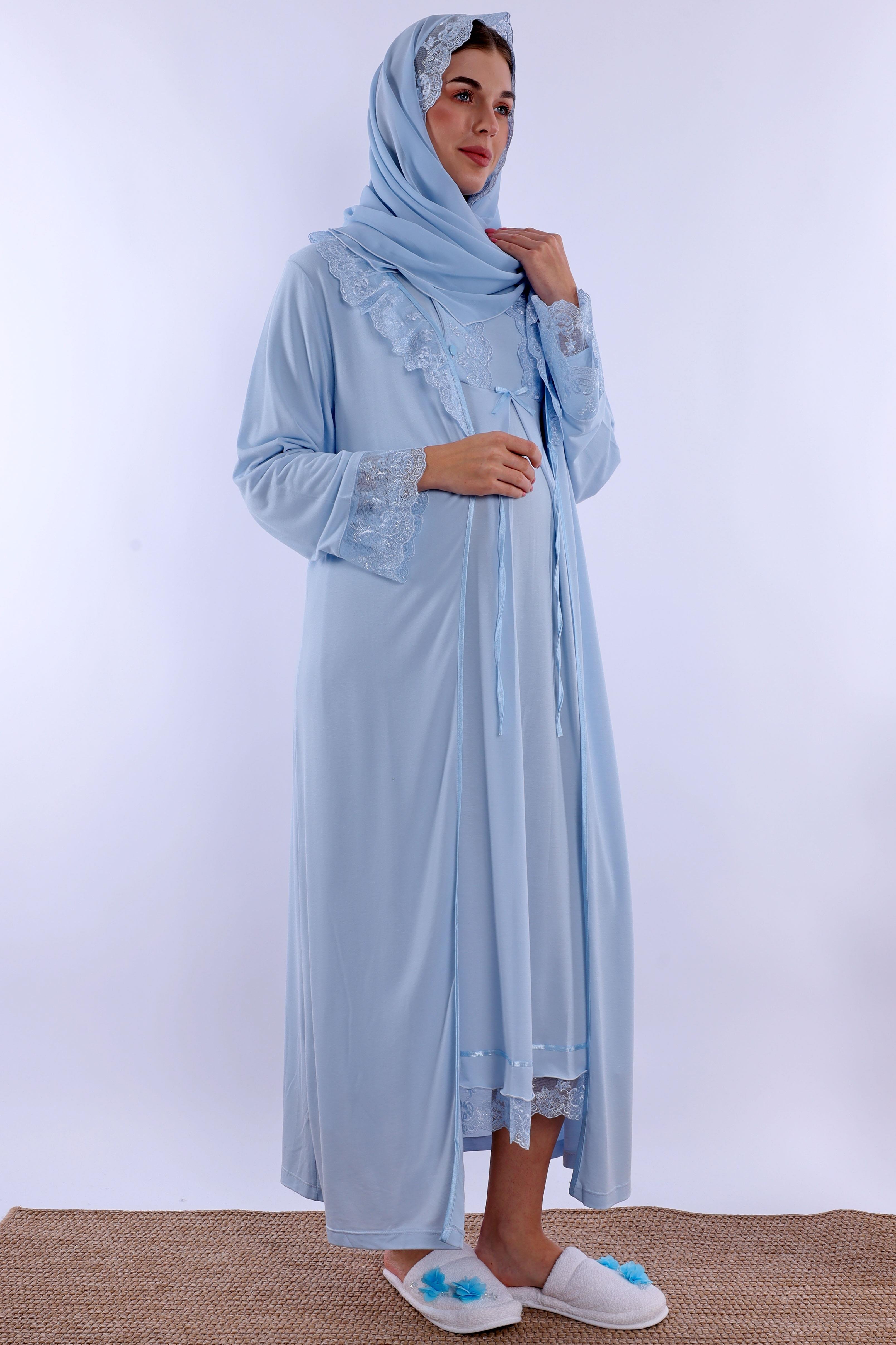 2T30412 Mavi Tesettürlü Sabahlıklı Hamile Lohusa Gecelik Takım