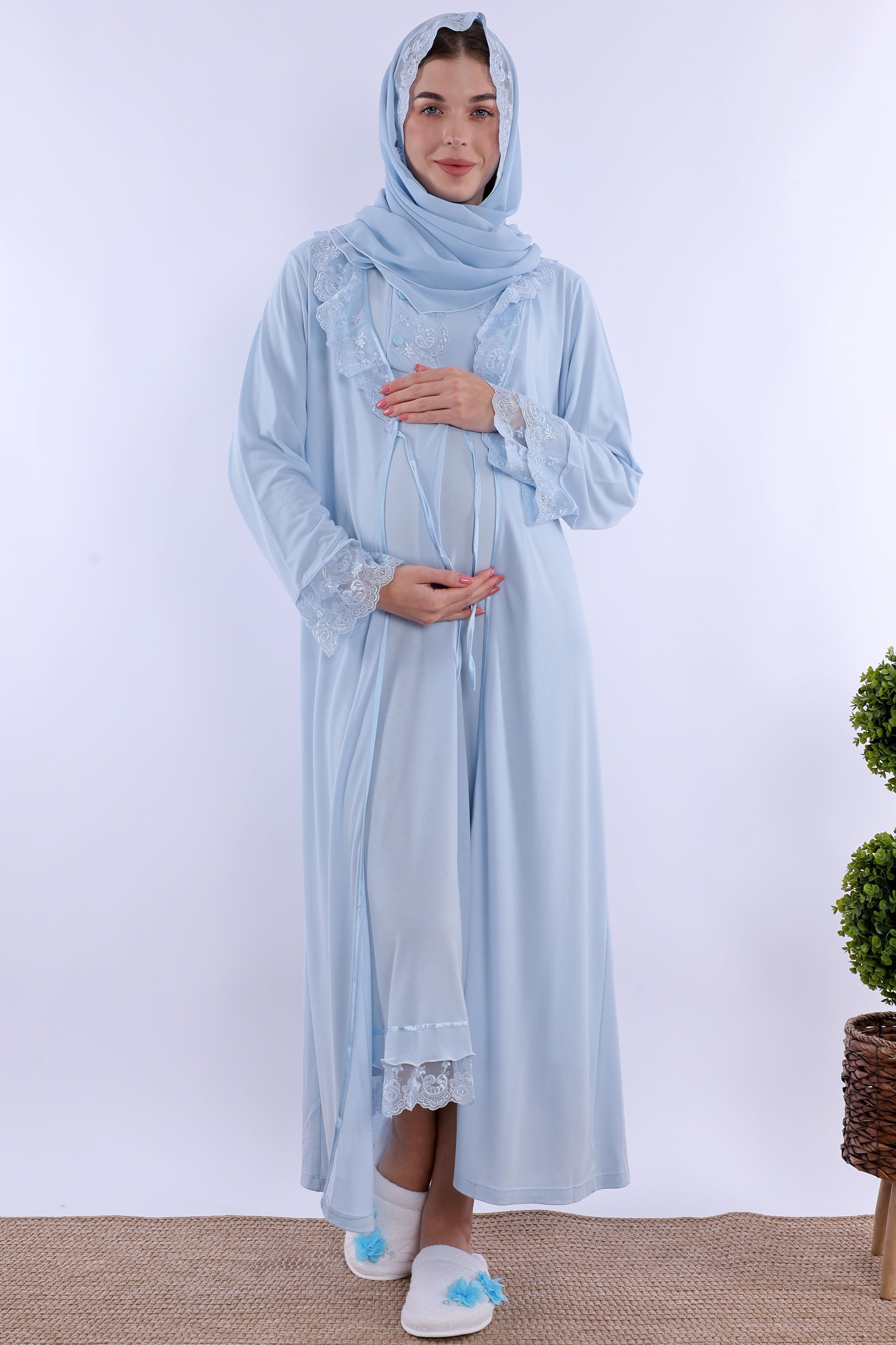 2T30412 Mavi Tesettürlü Sabahlıklı Hamile Lohusa Gecelik Takım