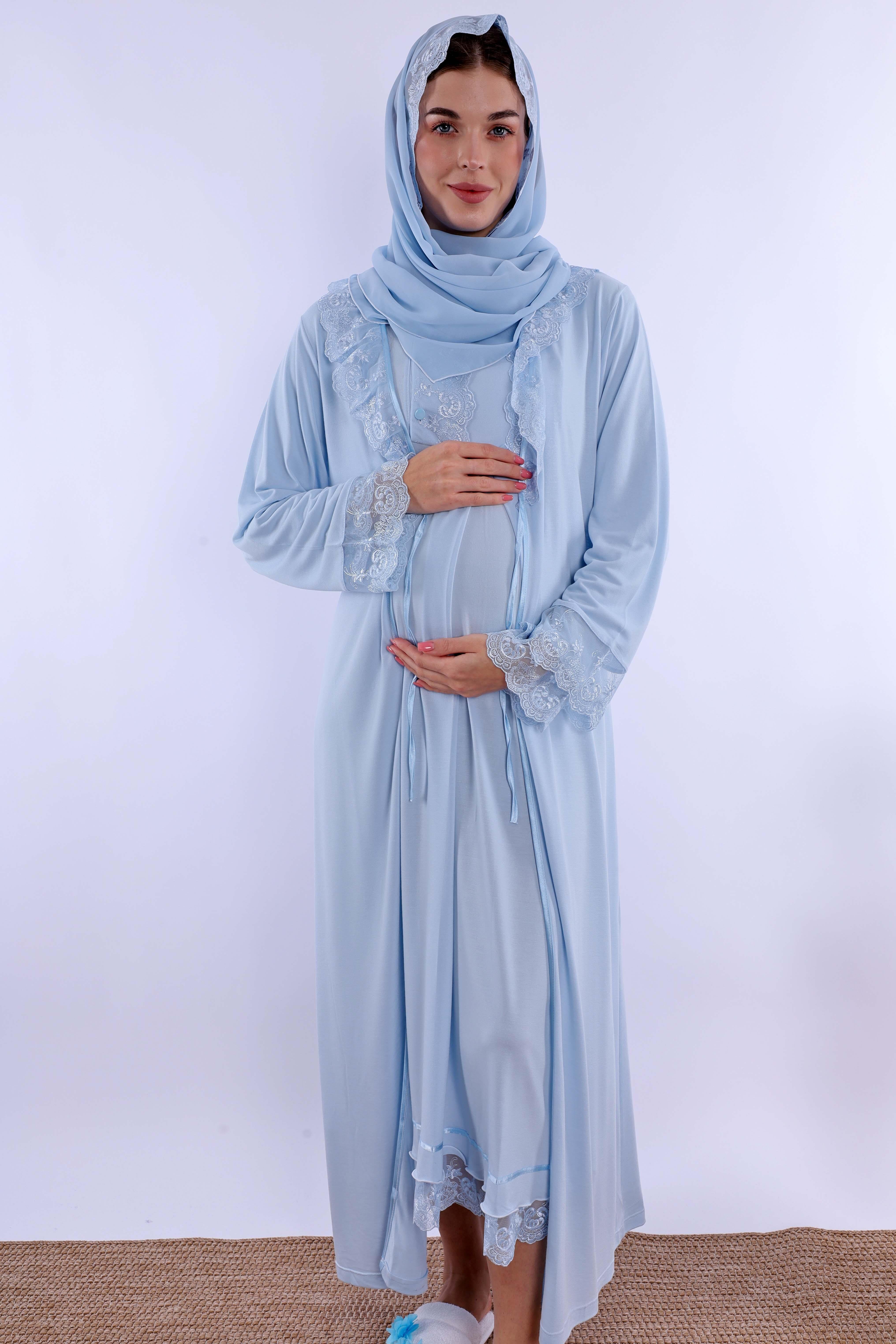 2T30412 Mavi Tesettürlü Sabahlıklı Hamile Lohusa Gecelik Takım