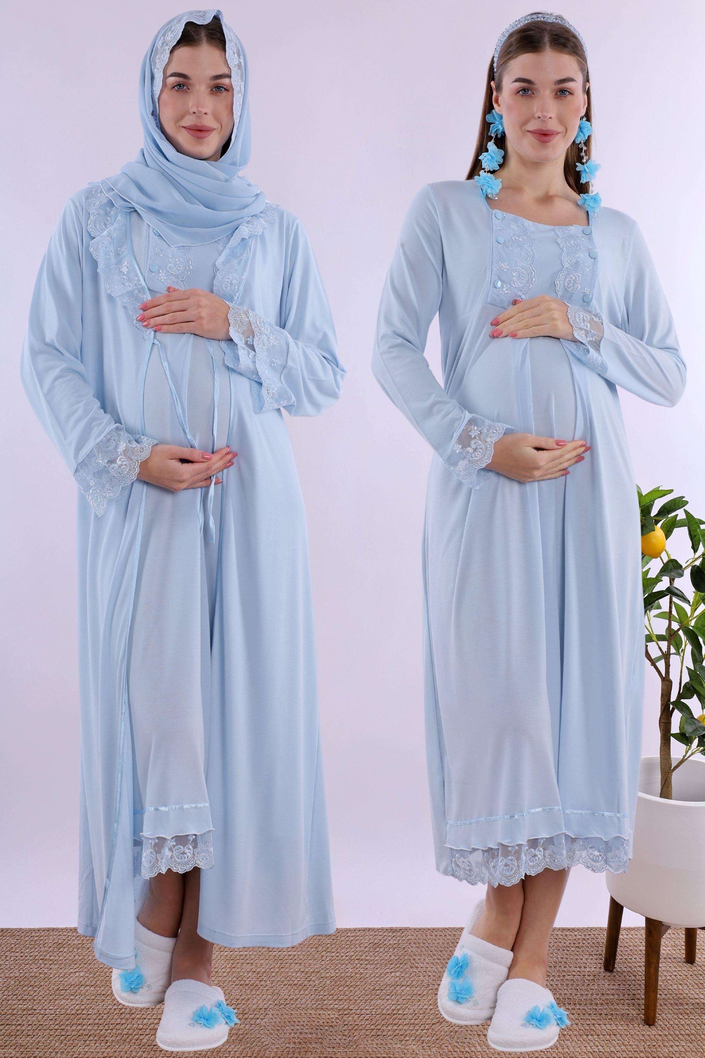 2T30412 Mavi Tesettürlü Sabahlıklı Hamile Lohusa Gecelik Takım
