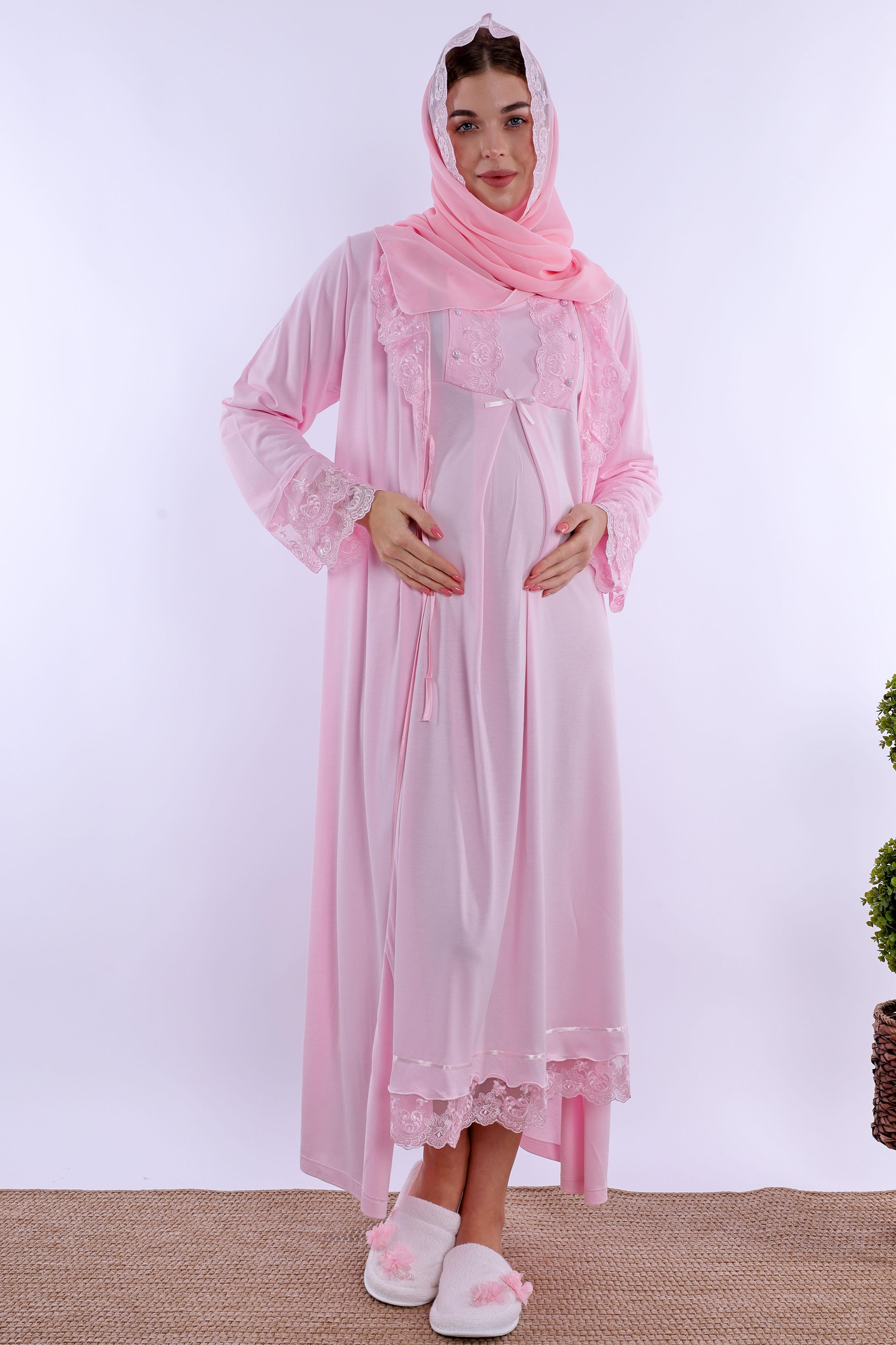 2T30412 Pembe Tesettürlü Sabahlıklı Hamile Lohusa Gecelik Takım