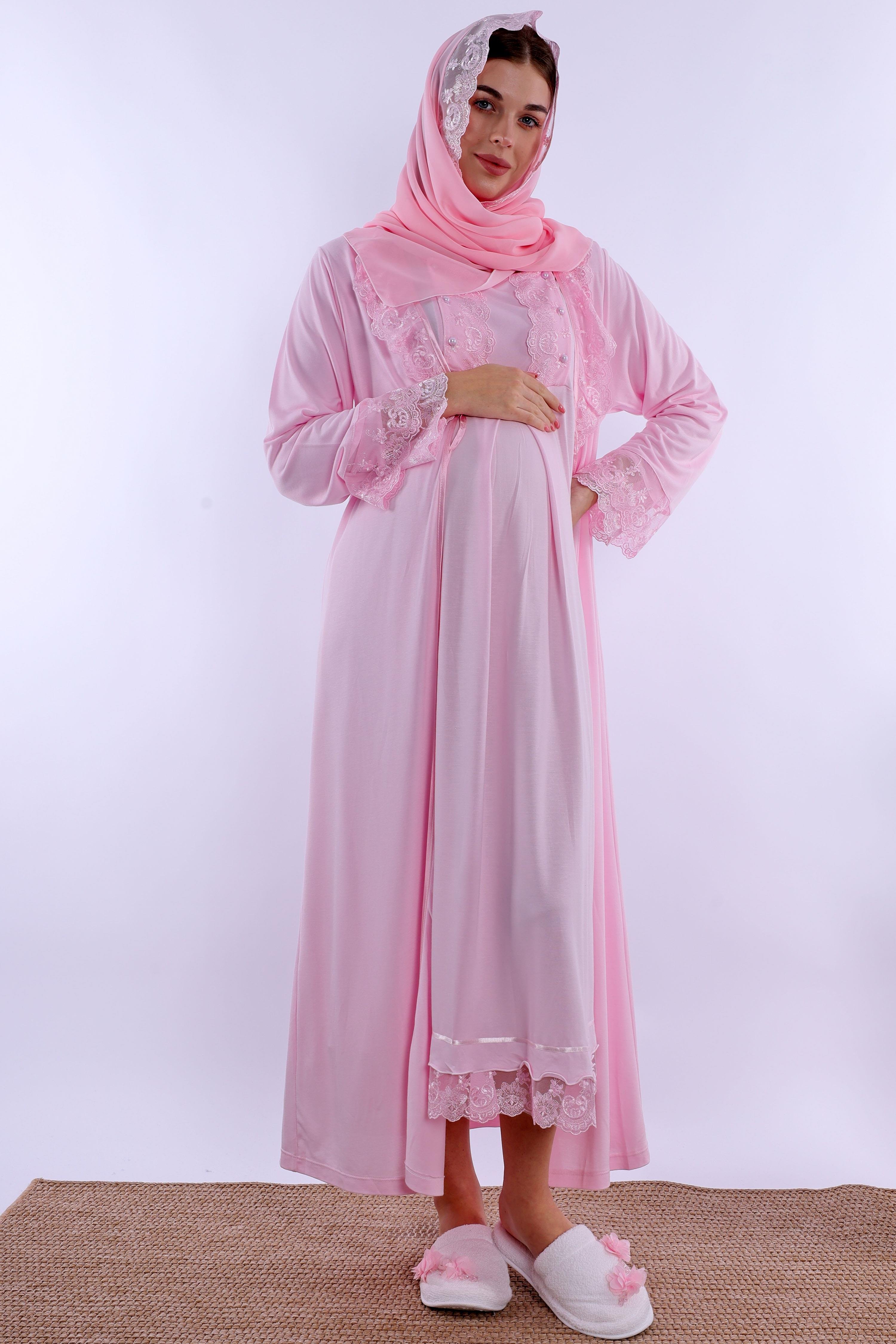 2T30412 Pembe Tesettürlü Sabahlıklı Hamile Lohusa Gecelik Takım