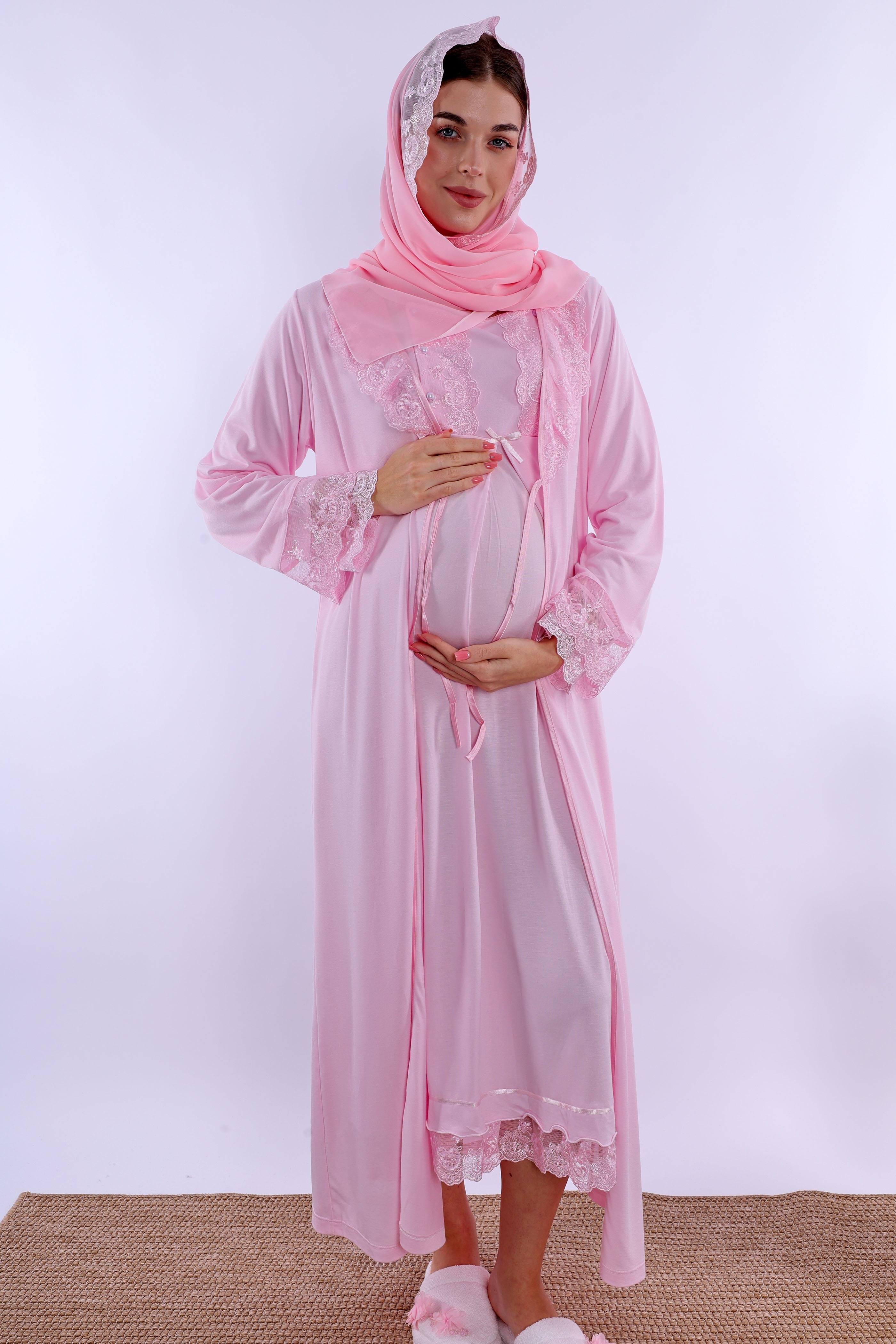 2T30412 Pembe Tesettürlü Sabahlıklı Hamile Lohusa Gecelik Takım