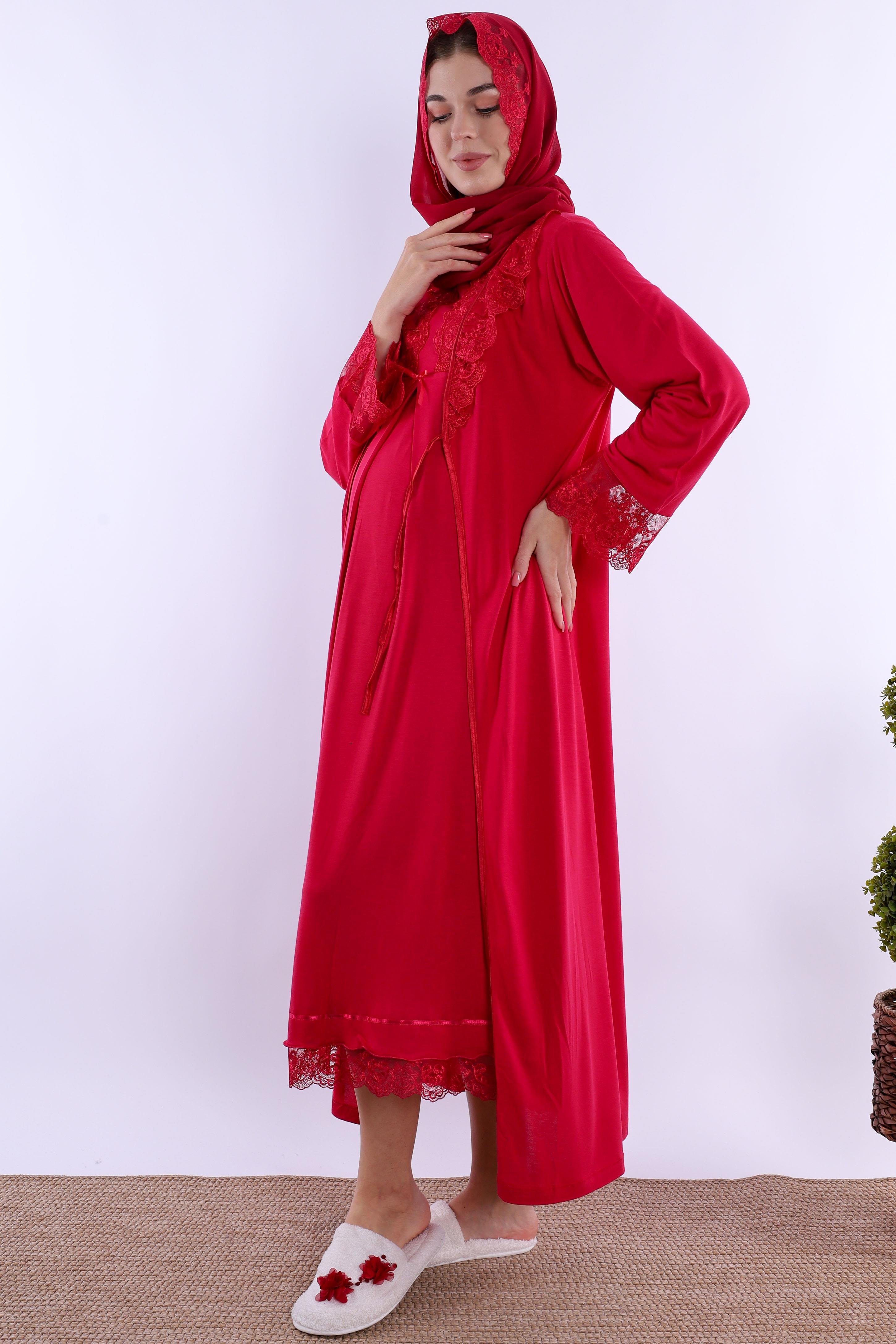 2T30412 Vişne Tesettürlü Sabahlıklı Hamile Lohusa Gecelik Takım