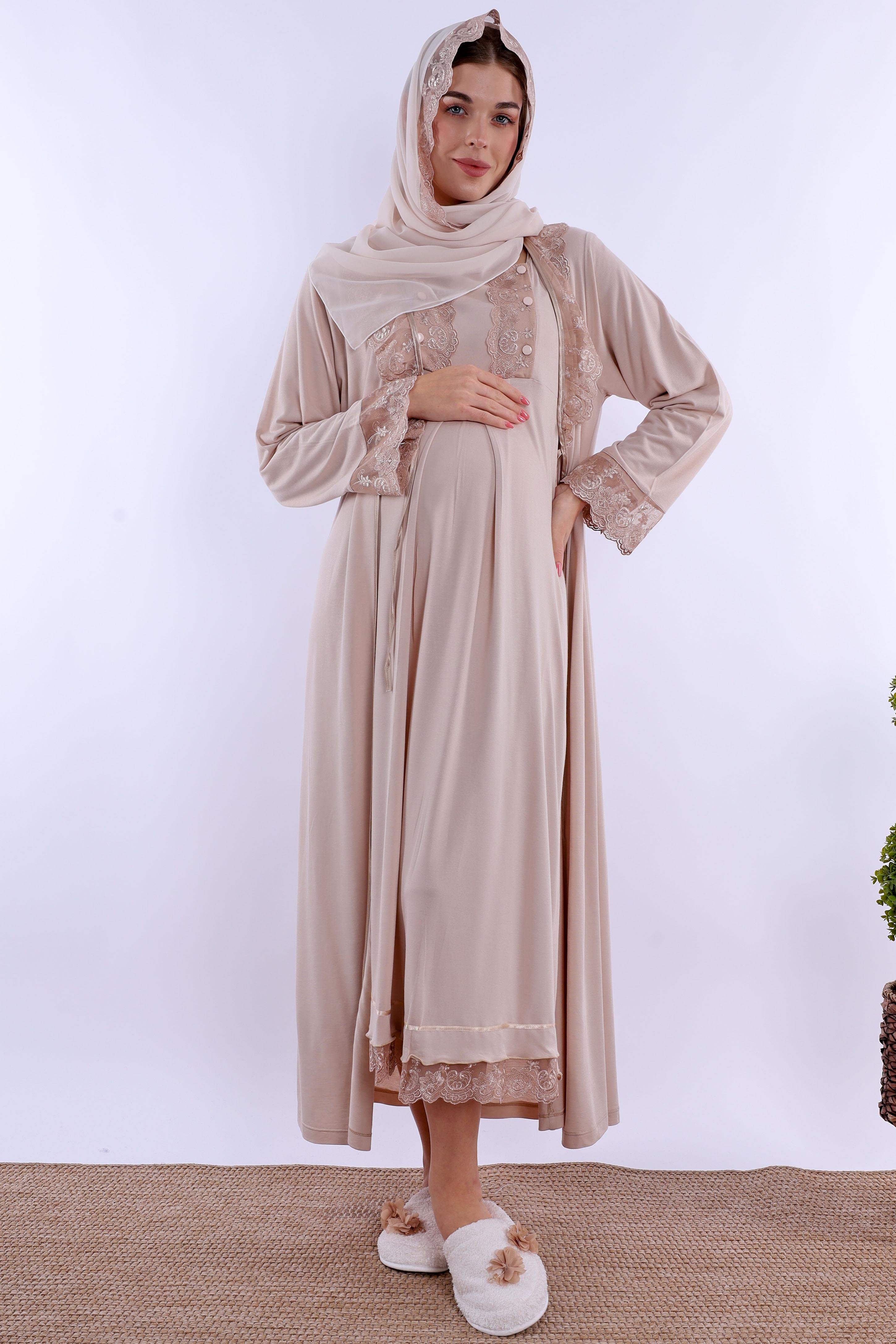 2T30462 Bej Tesettürlü Hamile Lohusa Set
