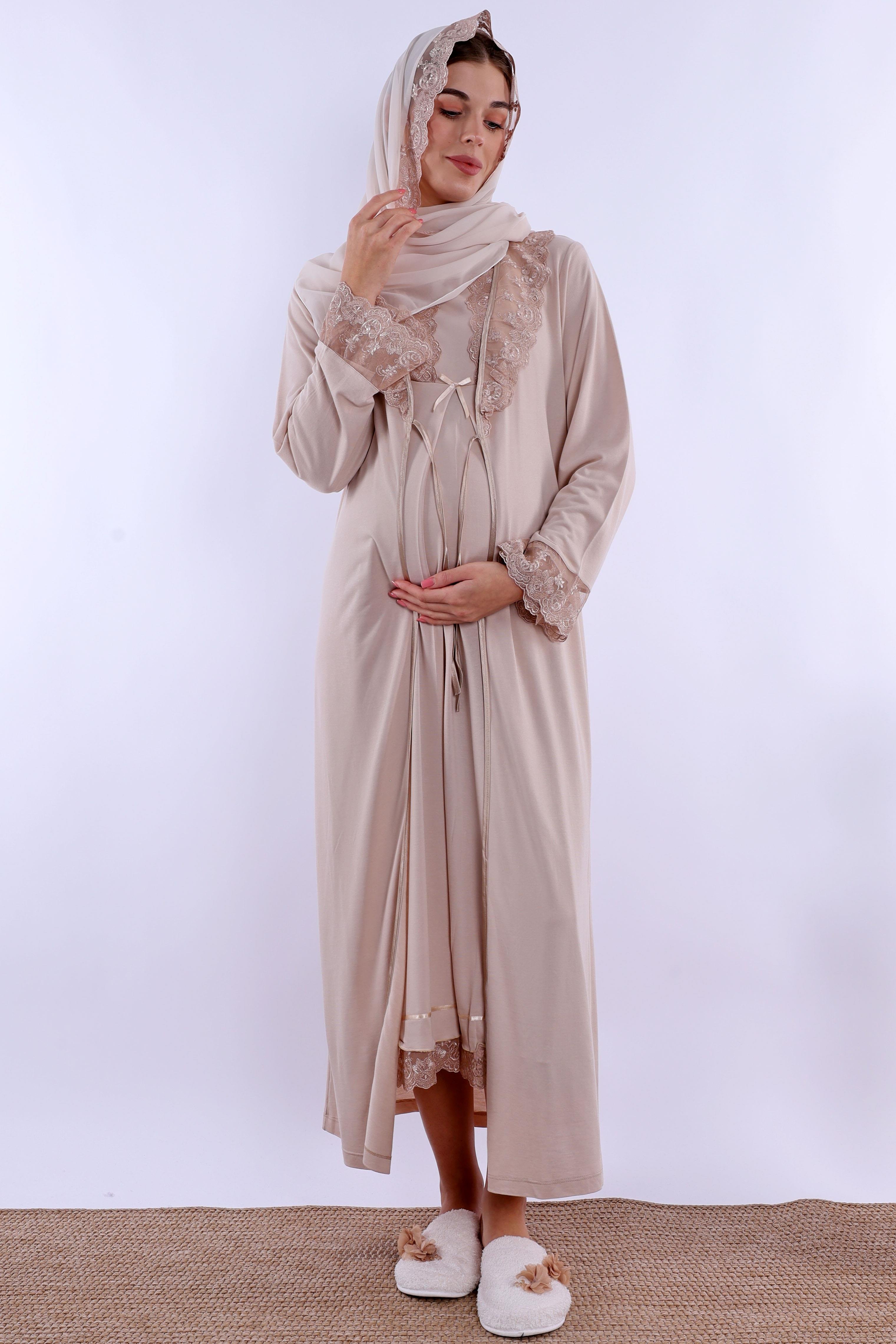 2T30462 Bej Tesettürlü Hamile Lohusa Set