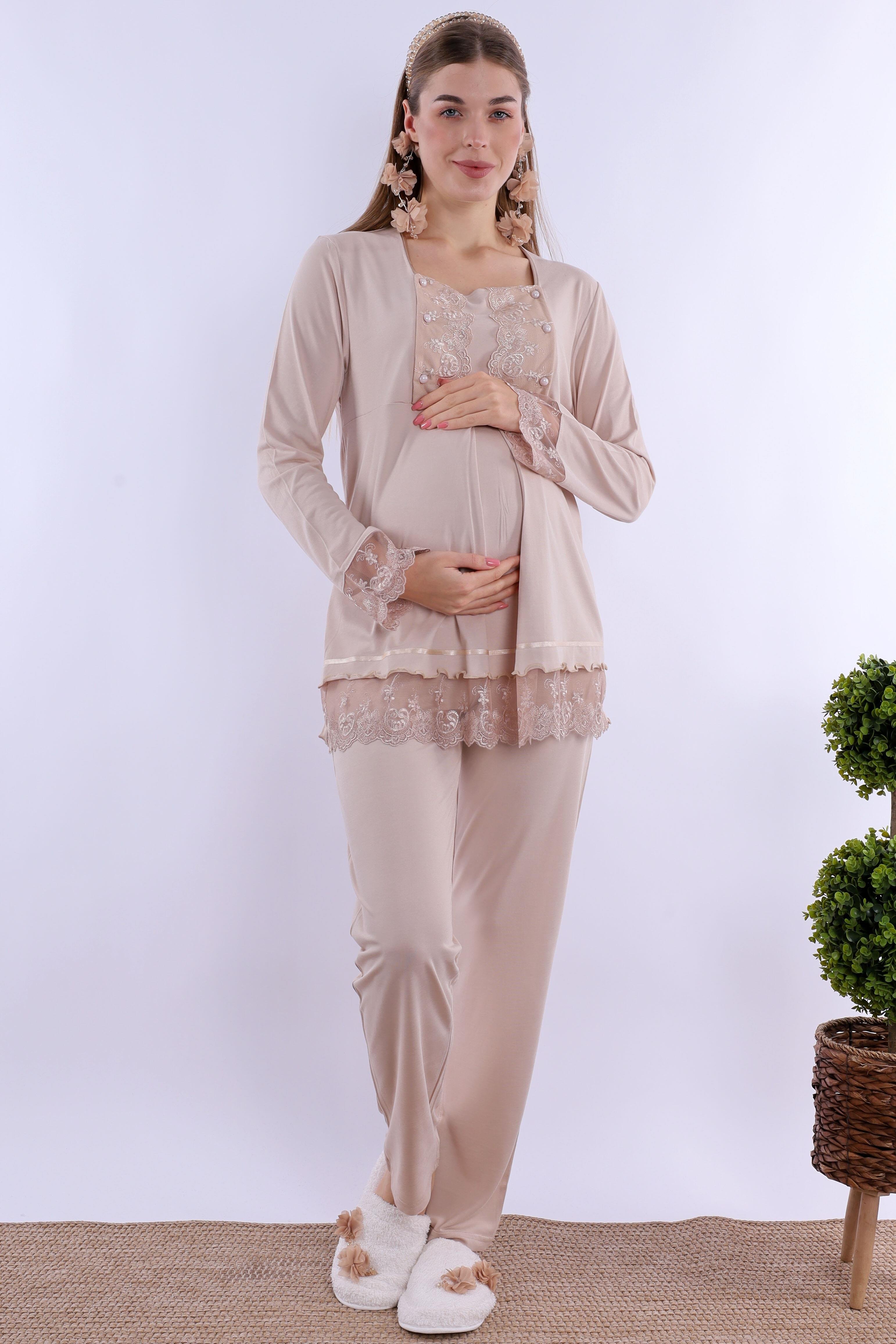2T30472 Bej Tesettürlü Uzun Sabahlıklı Hamile Lohusa Pijama Takımı
